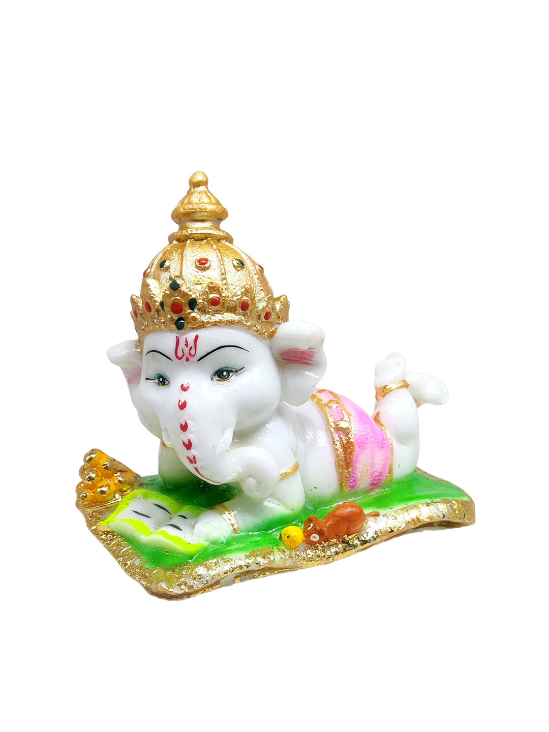 GLOOKS Ganesha Reading White Marble Matte Prayer Room Medium Showpiece - 5.1 Inches