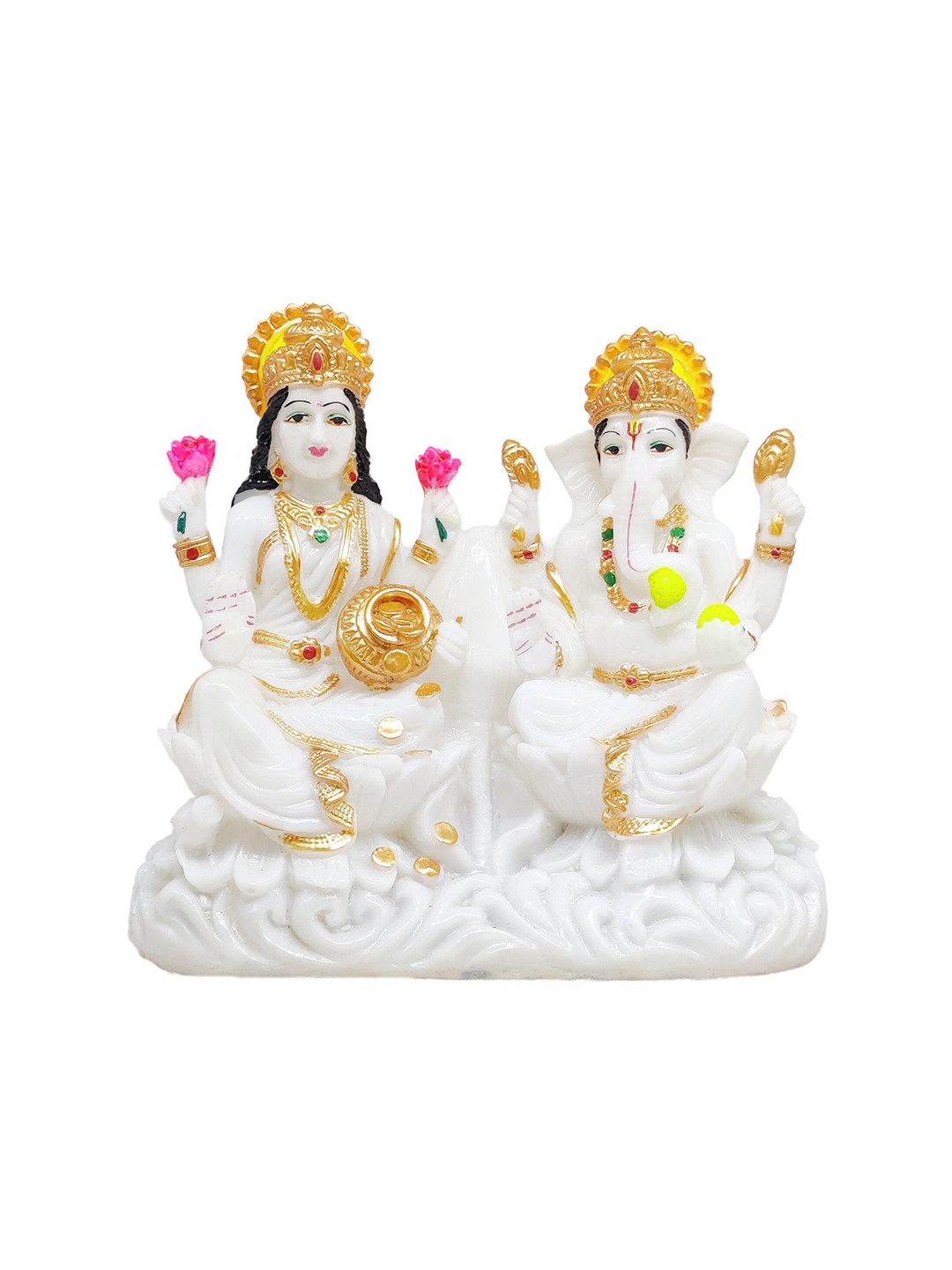 GLOOKS Lakshmi Ganesha White Marble Metallic Prayer Room Small Showpiece - 3.3 Inches