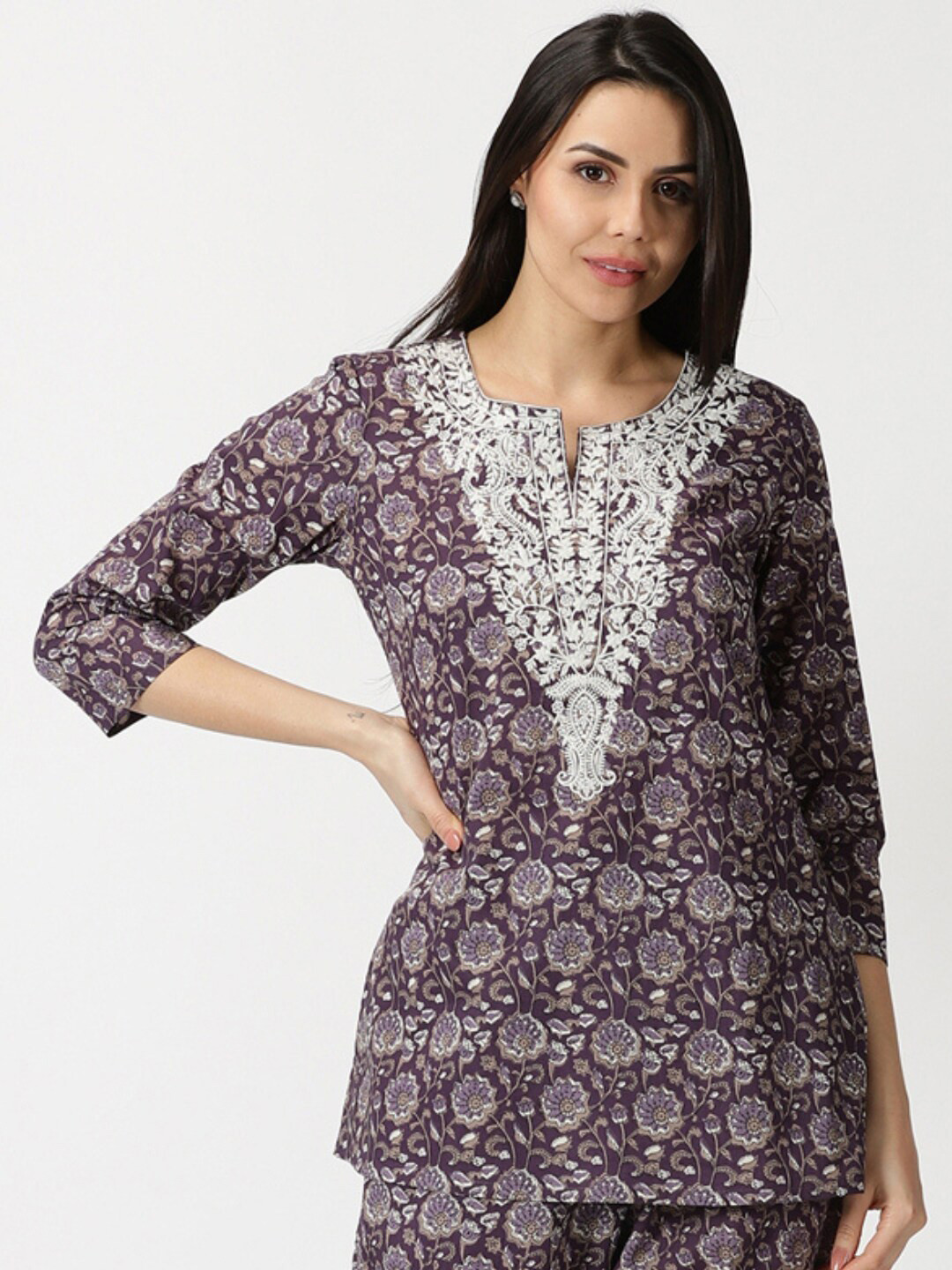Saffron Threads Floral Printed Chikankari Pure Cotton Kurti
