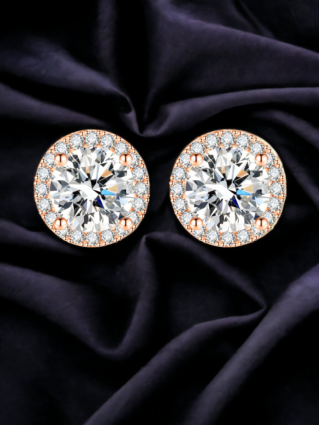 Designs & You Rose Gold Plated Cubic Zirconia Studded Round Crushed Ice Cut Stud Earrings