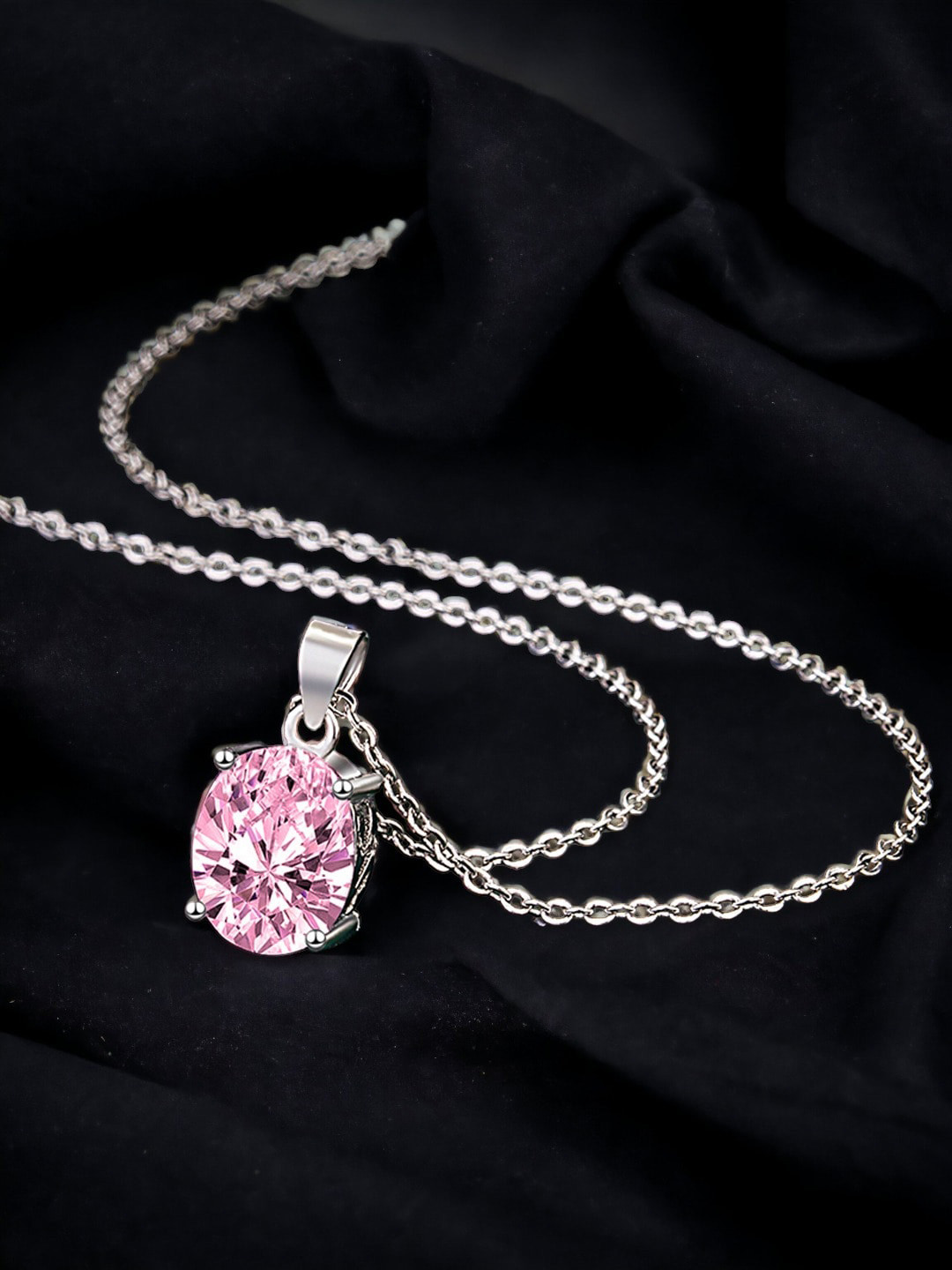 Designs & You Silver-Plated Cubic Zirconia Studded Oval Pendant With Chain