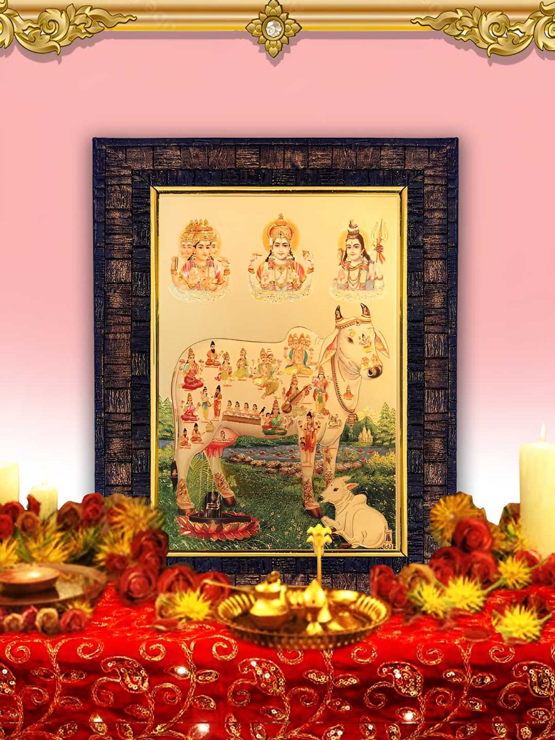 Hawai Black & Red 24k Gold Plated Kamdhenu Cow Wooden Wall Photo Frame