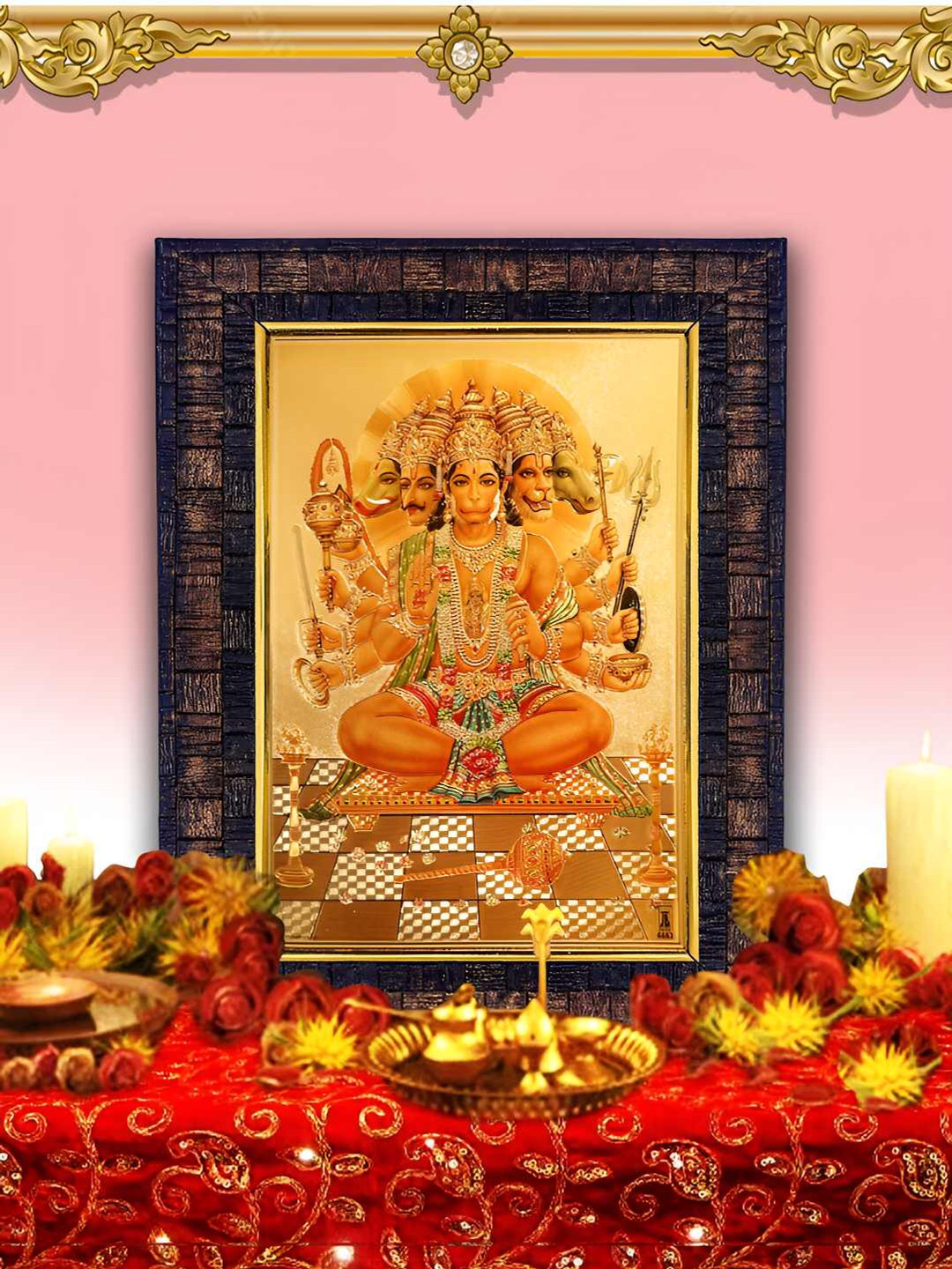 Hawai Black & Gold Plated Panch Mukhi Hanuman Bajranbali Wood Wall Photo Frame