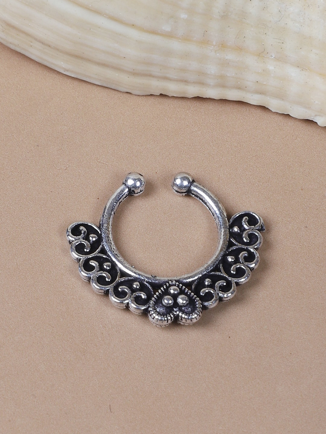FIROZA Oxidised Heart Charm Septum Nosepin