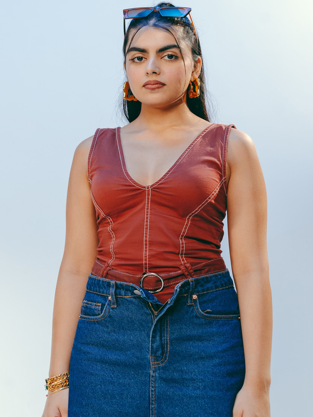 FREAKINS Self-Design V-Neck Contrast Detail Sleeveless Bodysuit