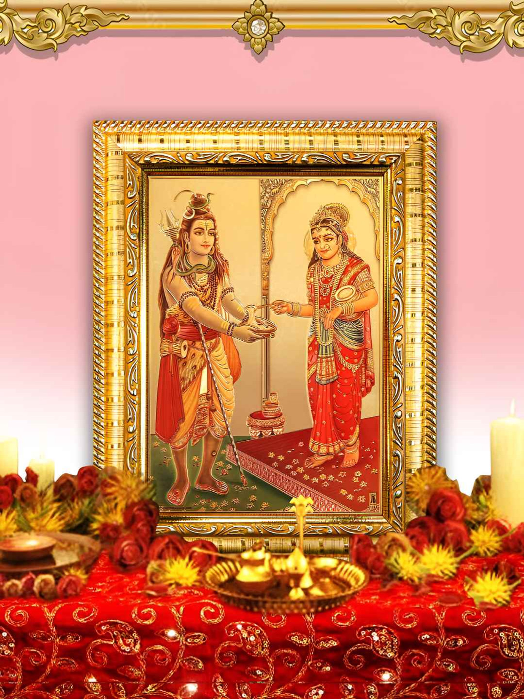 Hawai Gold-Toned & red 24k Gold Plated Lord Shiva Bolenath Mahadev Wooden Wall Photo Frame