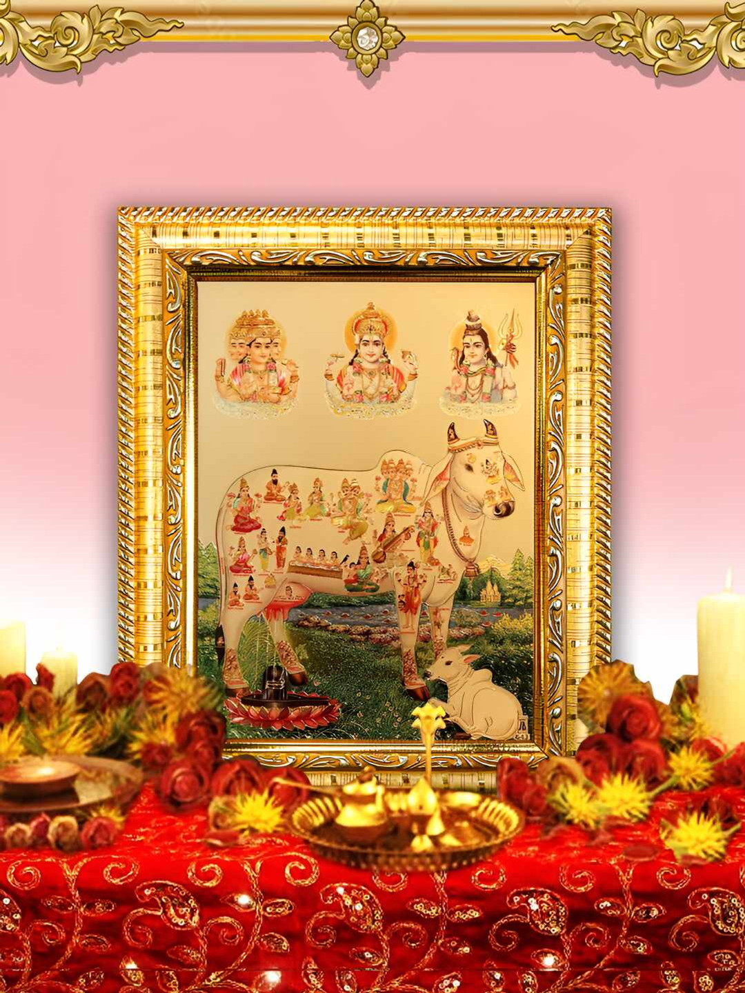 Hawai Gold Plated & Red Wood Kamdhenu Cow Wall Photo Frame