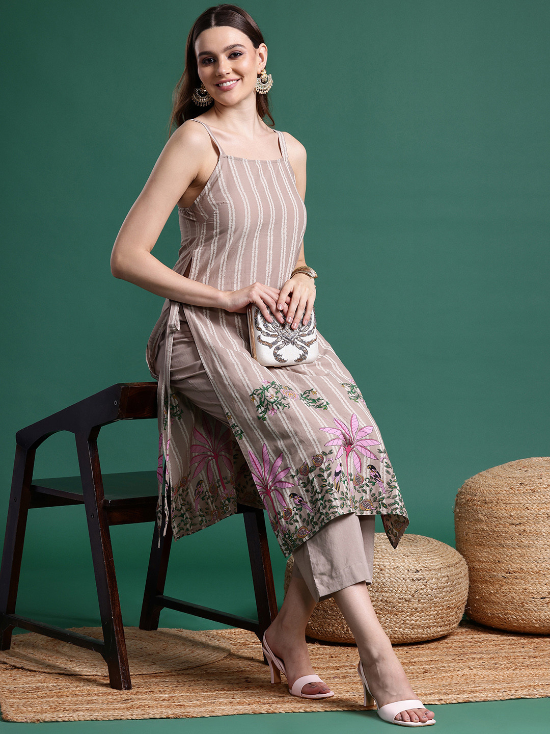 Sangria Printed Shoulder Straps Fusion Kurta Set