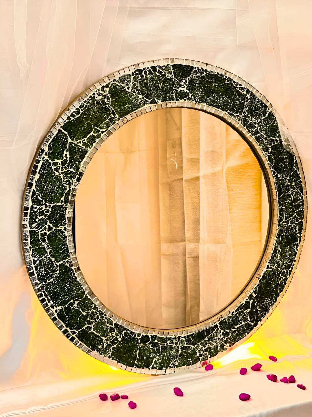 Timaya's Decor Green Textured Circular Metal Meraki Mirrors