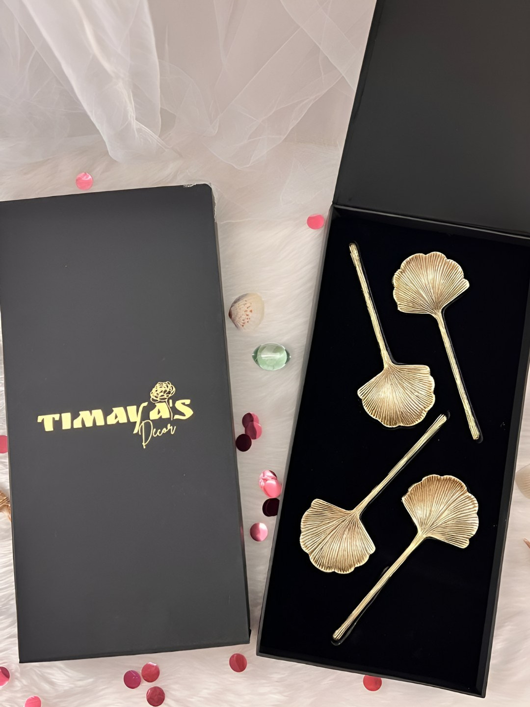 Timaya's Decor 4 Pieces Fan Leaf Brass Serving Spoon Set