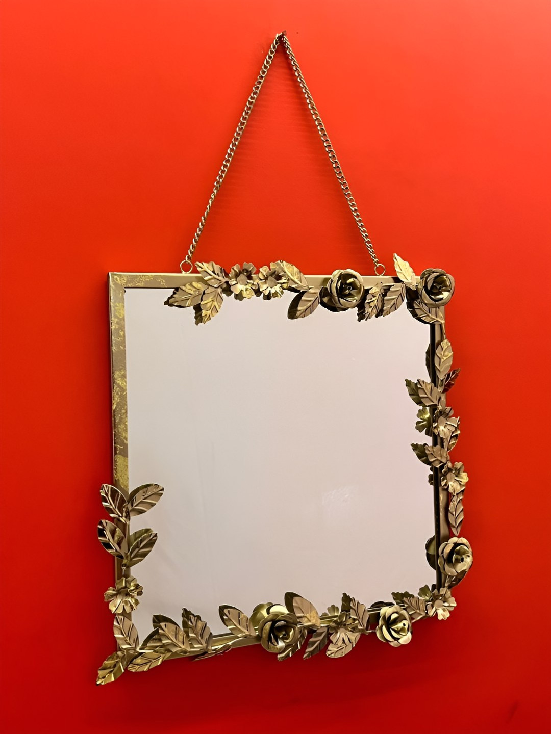 Timaya's Decor Gold Toned Textured Square Metal On The Bloom Wall Mirror