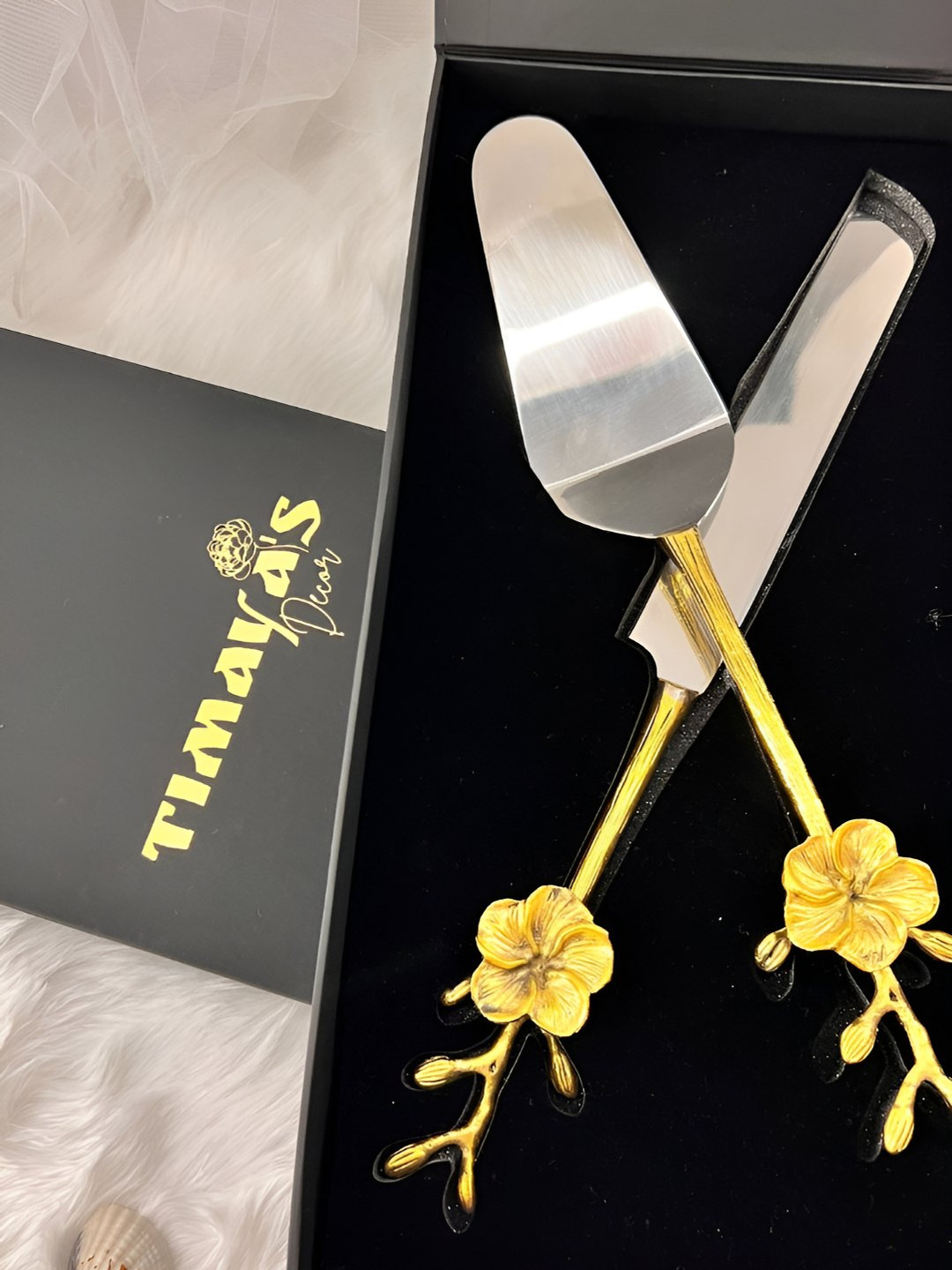 Timaya's Decor Blossom Beige 2 Pieces Stainless Steel Cake Server & Knife