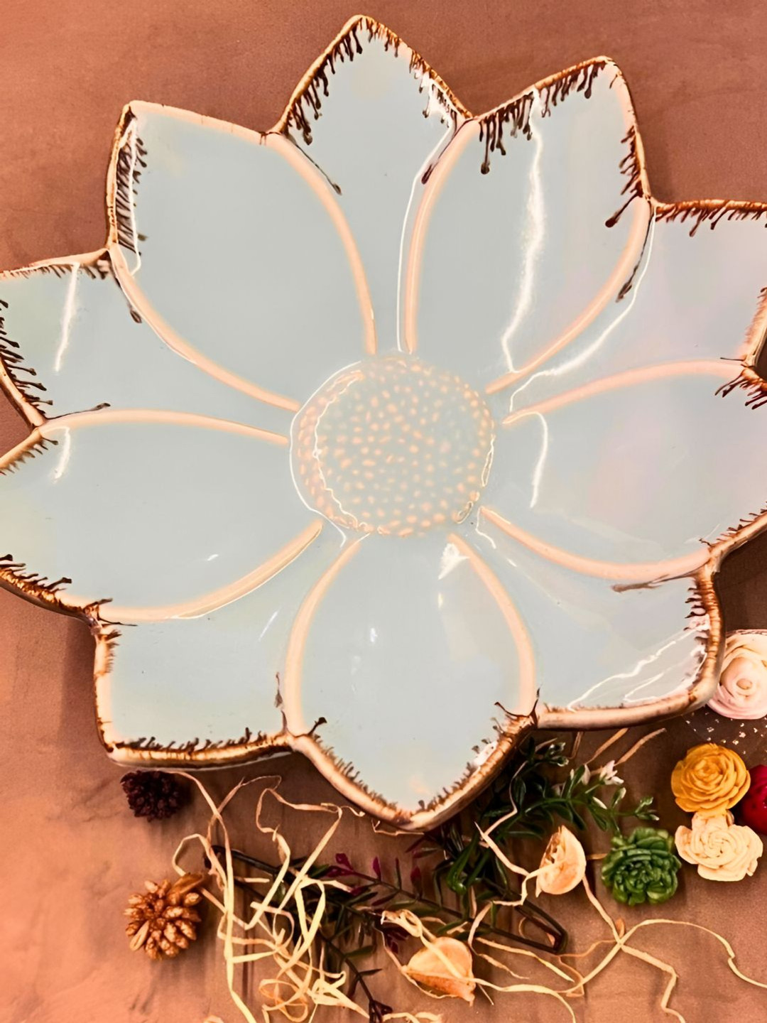 Timaya's Decor Blue & Brown Ceramic Lotus Platter