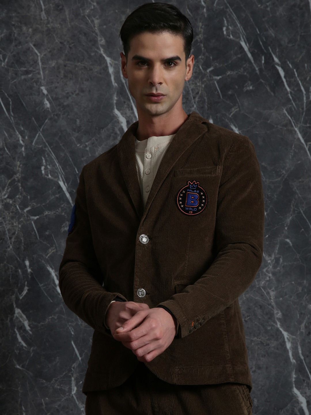 Breakbounce Olive Self-Design Peaked Lapel Corduroy Comfort Fit Single-Breasted Blazer