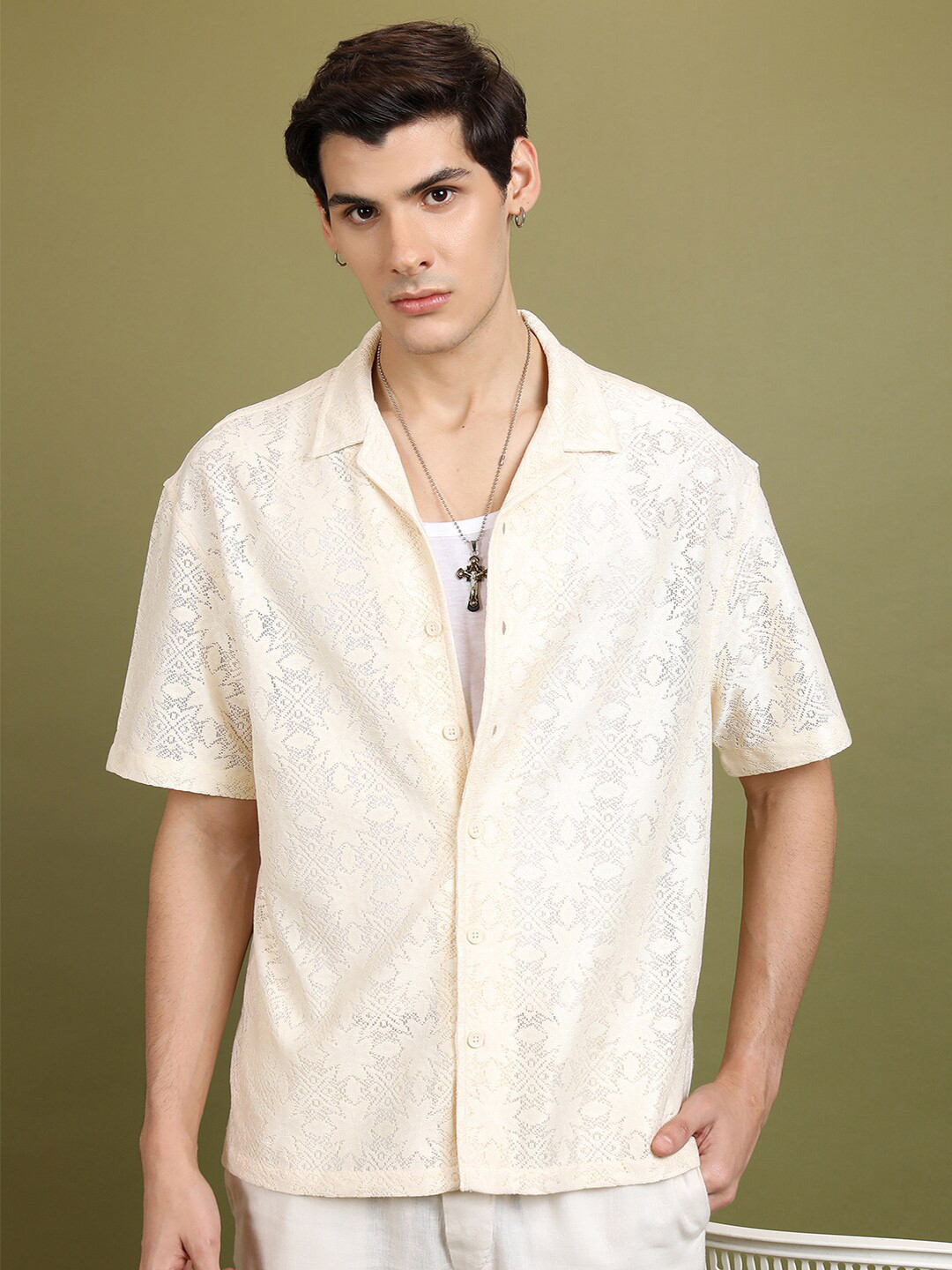 HIGHLANDER  Floral Printed Oversized Cuban Collar Cotton Crochet Shirt