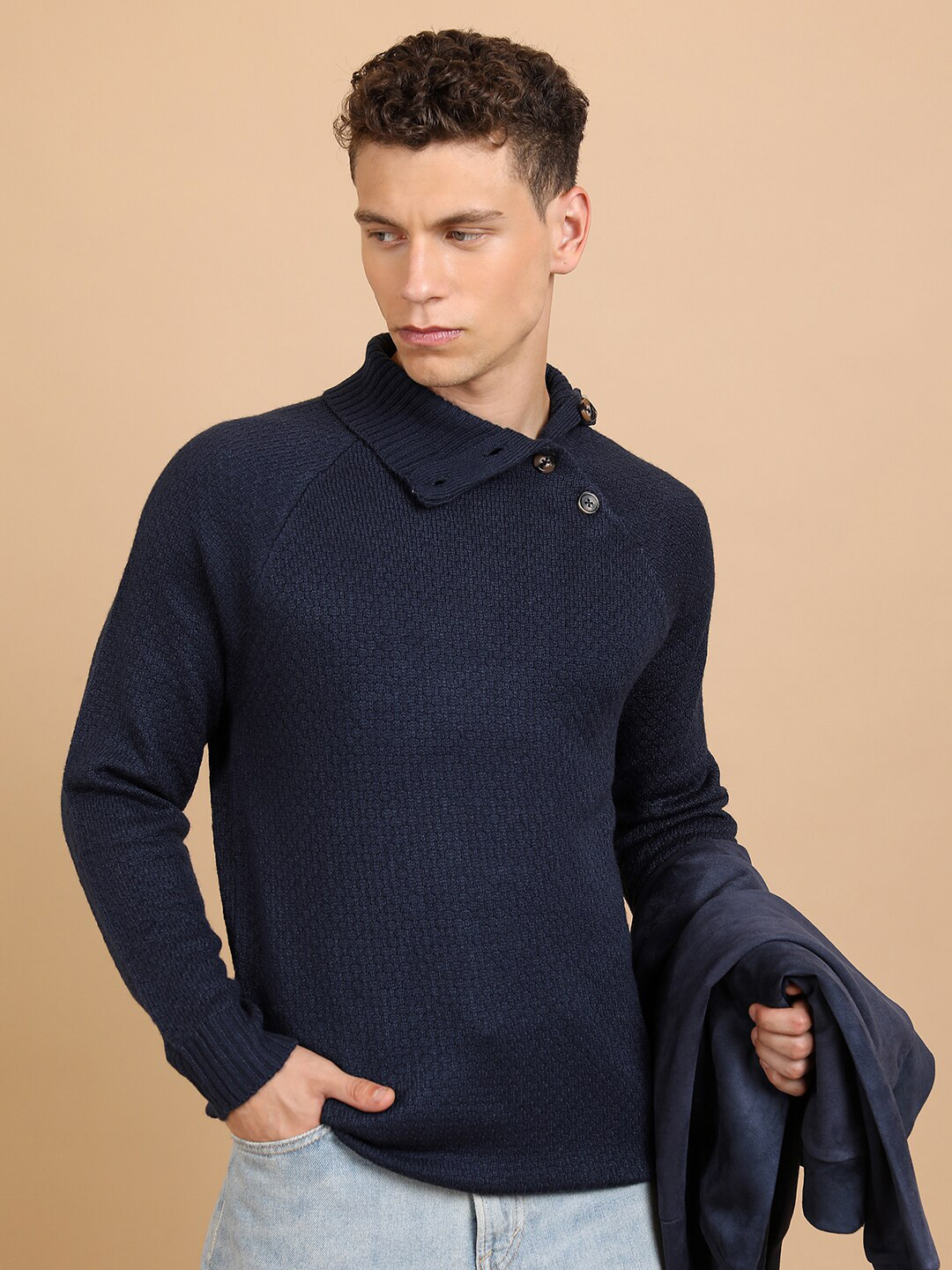 HIGHLANDER Navy Blue Ribbed Long Sleeves Acrylic Pullover Sweater