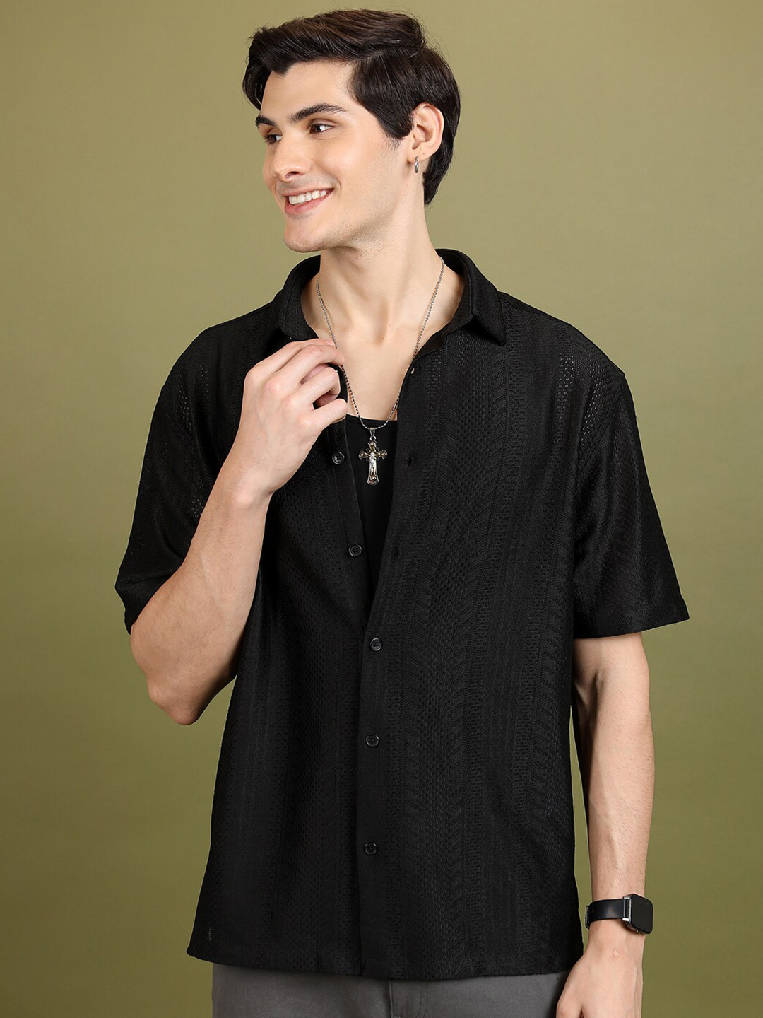 HIGHLANDER Black Oversized Crochet Self Design Cuban Collar Drop-Shoulder Sleeves Shirt