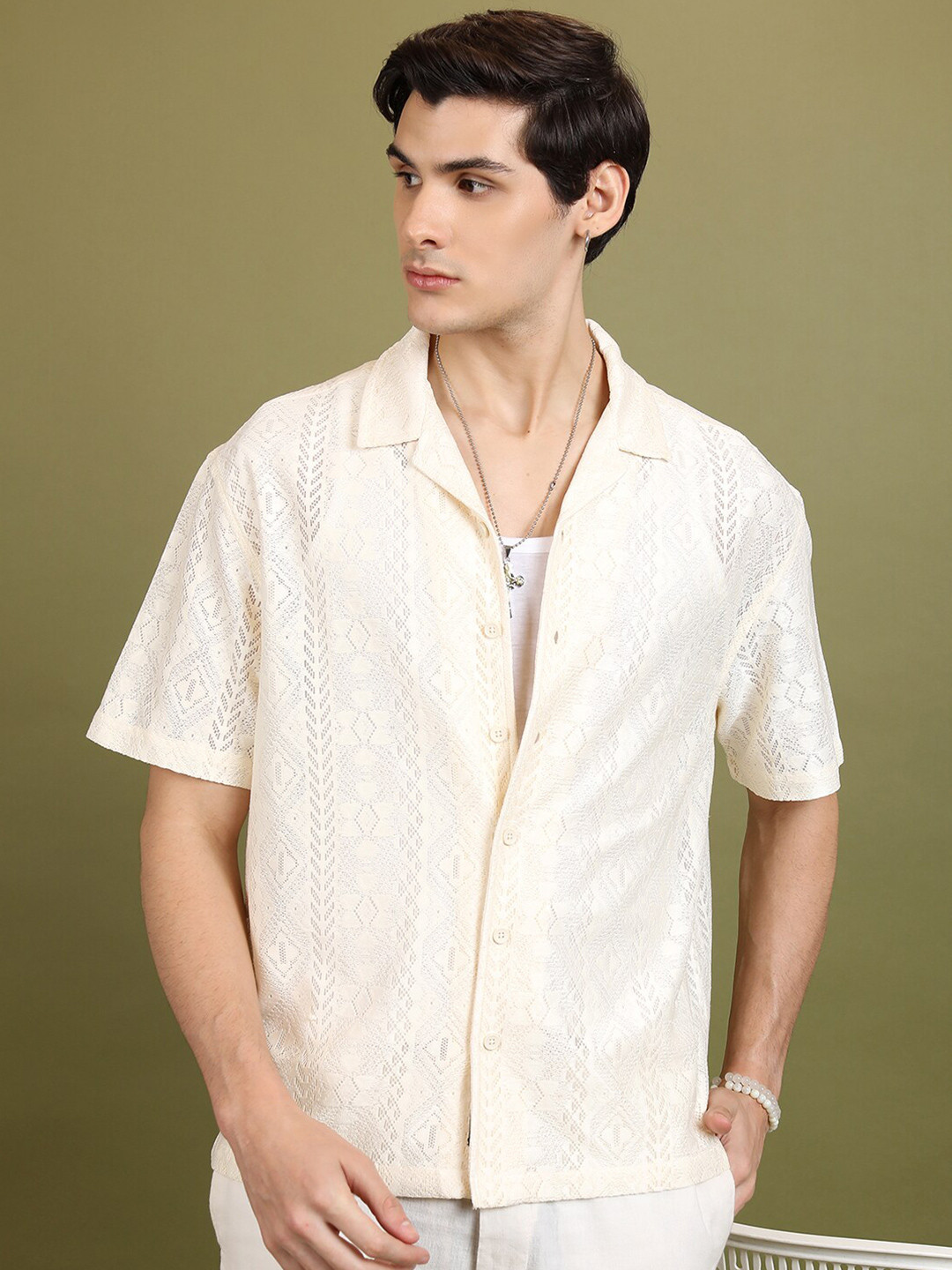 HIGHLANDER Cream-Coloured Oversized Geometric Self Design Cuban Collar Casual Crochet Shirt