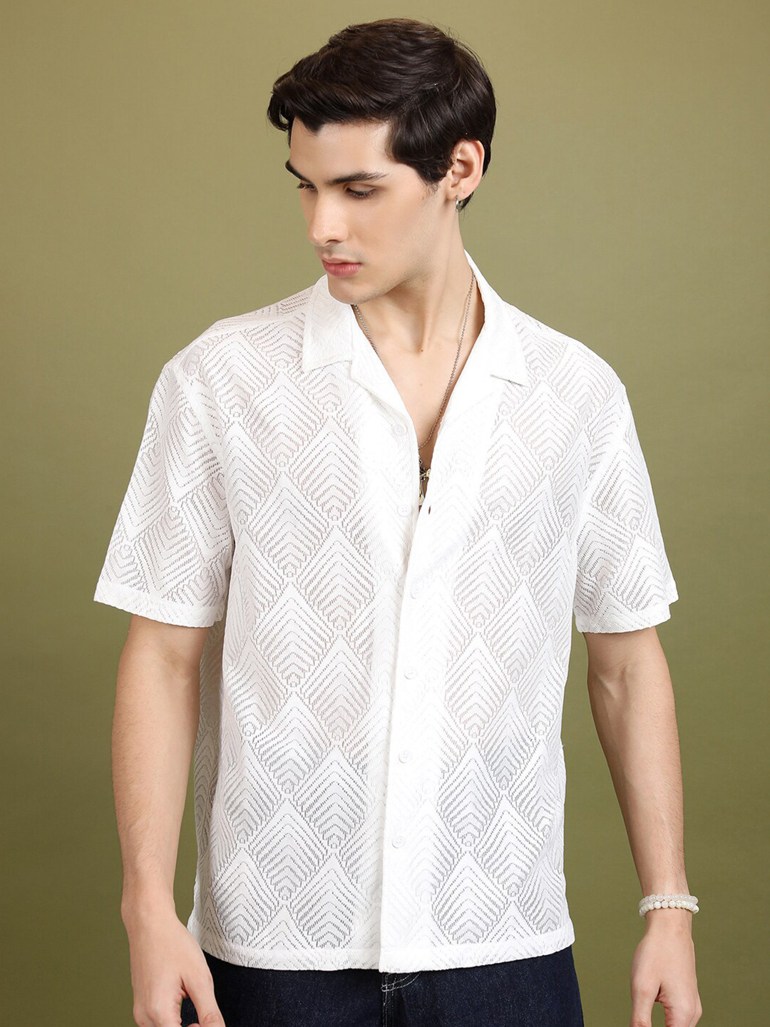 HIGHLANDER White Oversized Geometric Self Design Cuban Collar Casual Crochet Shirt
