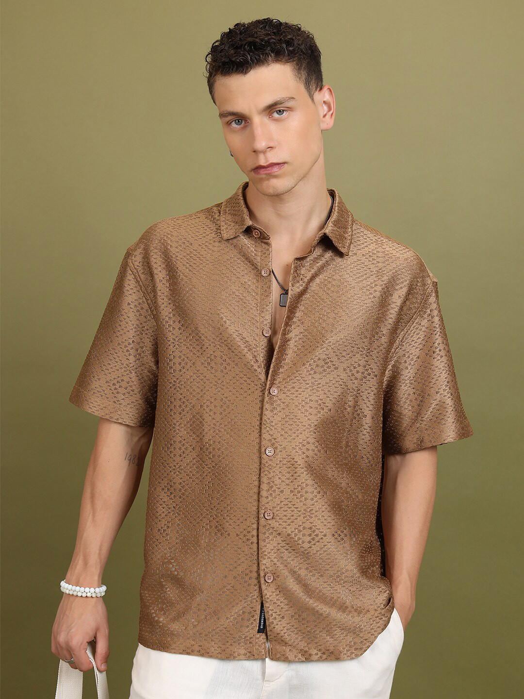 HIGHLANDER Self Design Drop-Shoulder Sleeves Crochet Oversized Casual Shirt