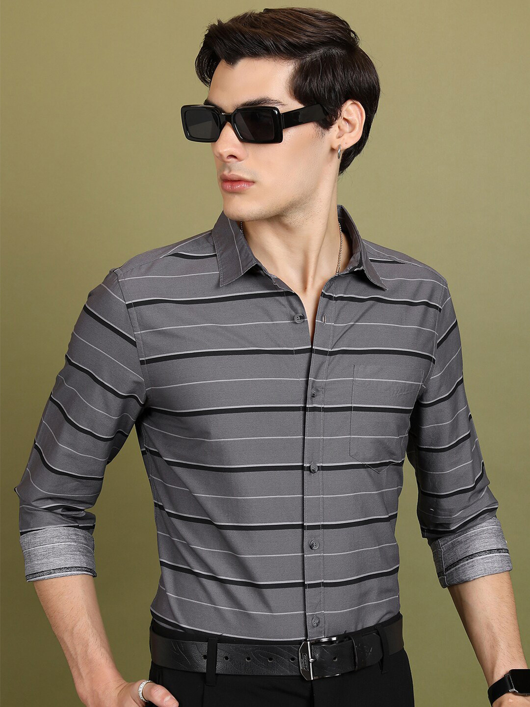 HIGHLANDER Slim Fit Horizontal Striped Cotton Casual Shirt