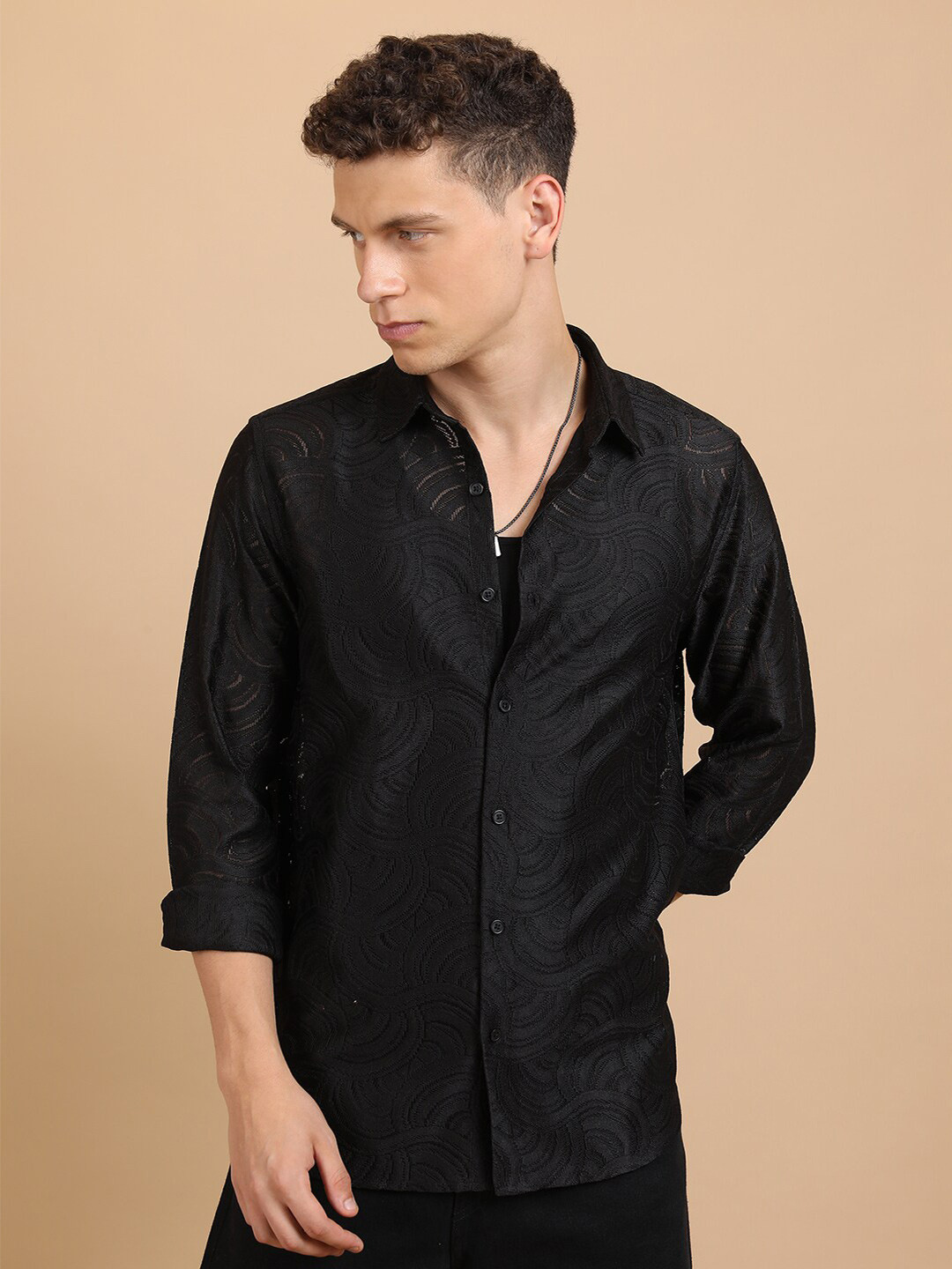 HIGHLANDER Self Design Drop-Shoulder Sleeves Crochet Oversized Casual Shirt