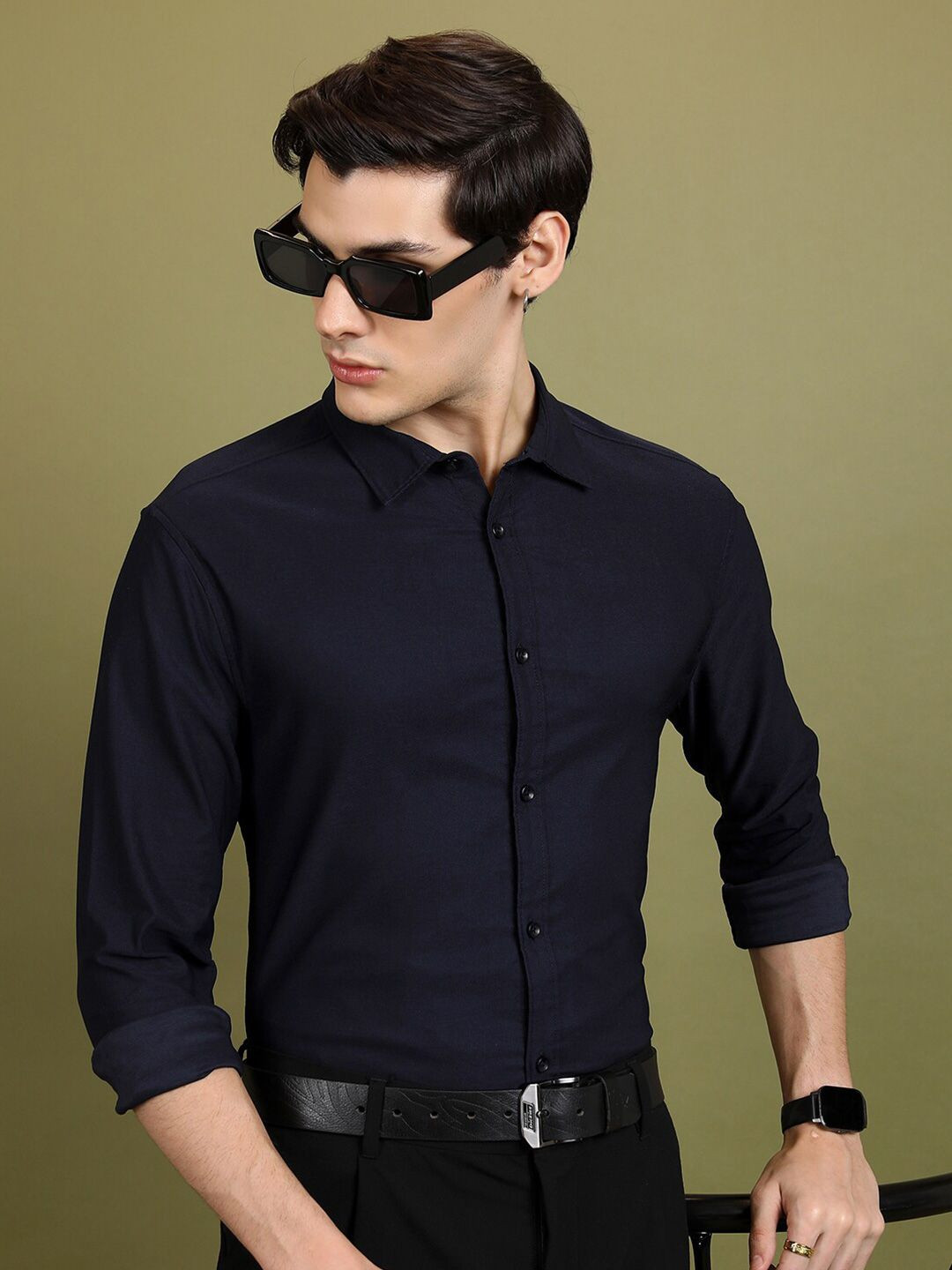 HIGHLANDER Navy Blue Slim Fit Spread Collar Casual Shirt