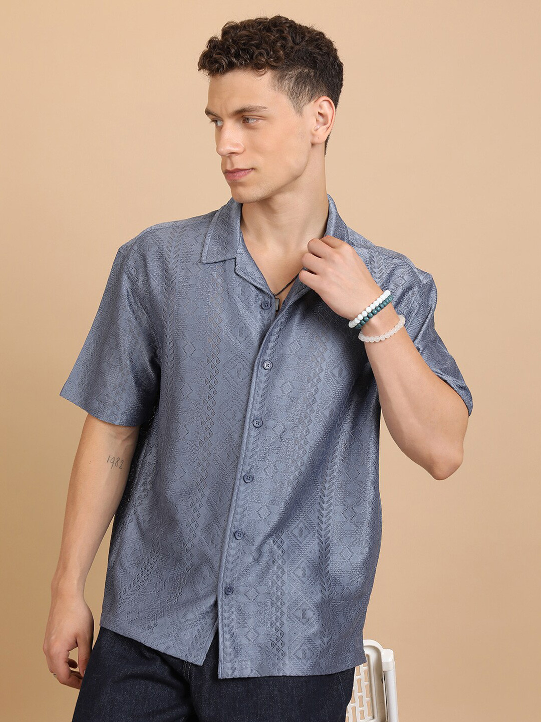 HIGHLANDER Blue Textured Semi Sheer Cuban Collar Casual Oversized Crochet Shirt