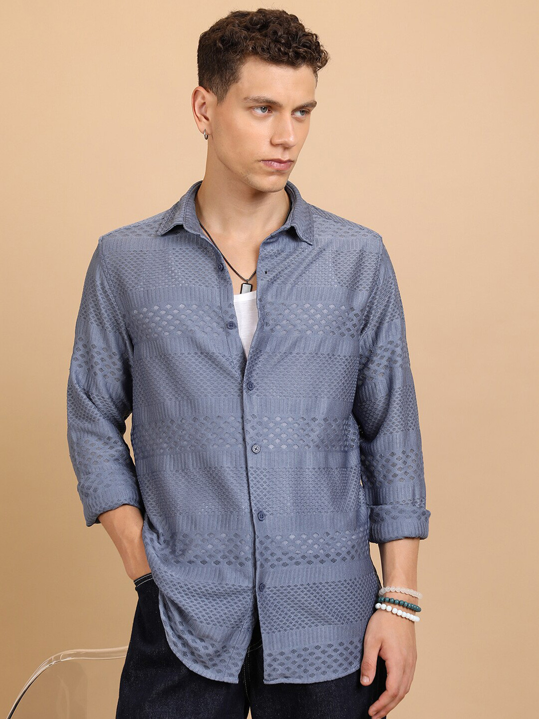 HIGHLANDER Blue Relaxed Fit Textured Semi Sheer Cuban Collar Casual Crochet Shirt