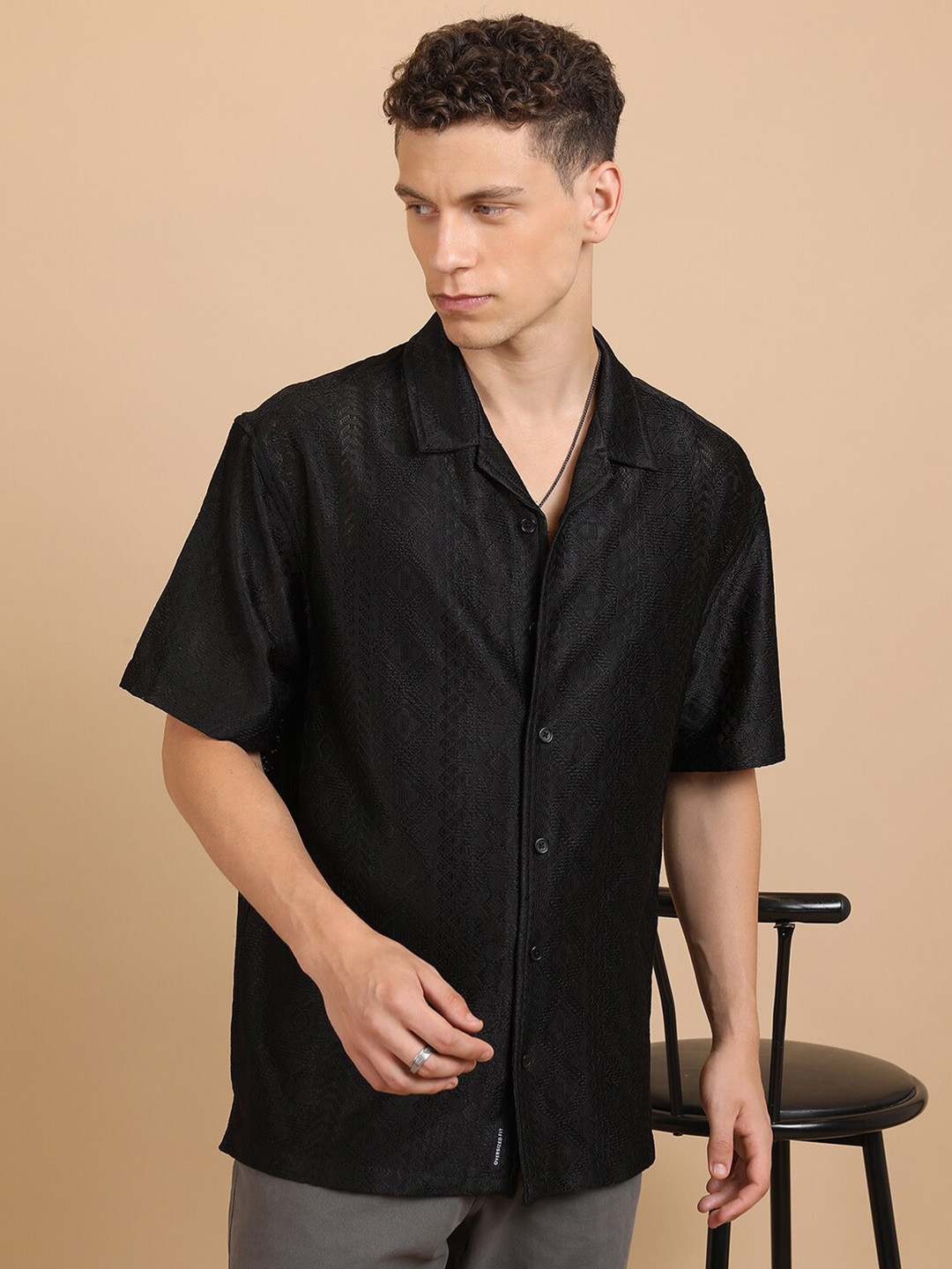 HIGHLANDER Black Textured Crochet Cuban Collar Oversized Shirt