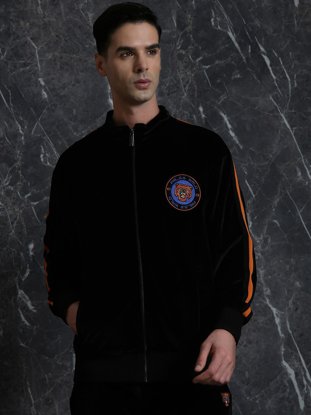 Breakbounce Black Mock Collar Relaxed Fit Bomber Jacket