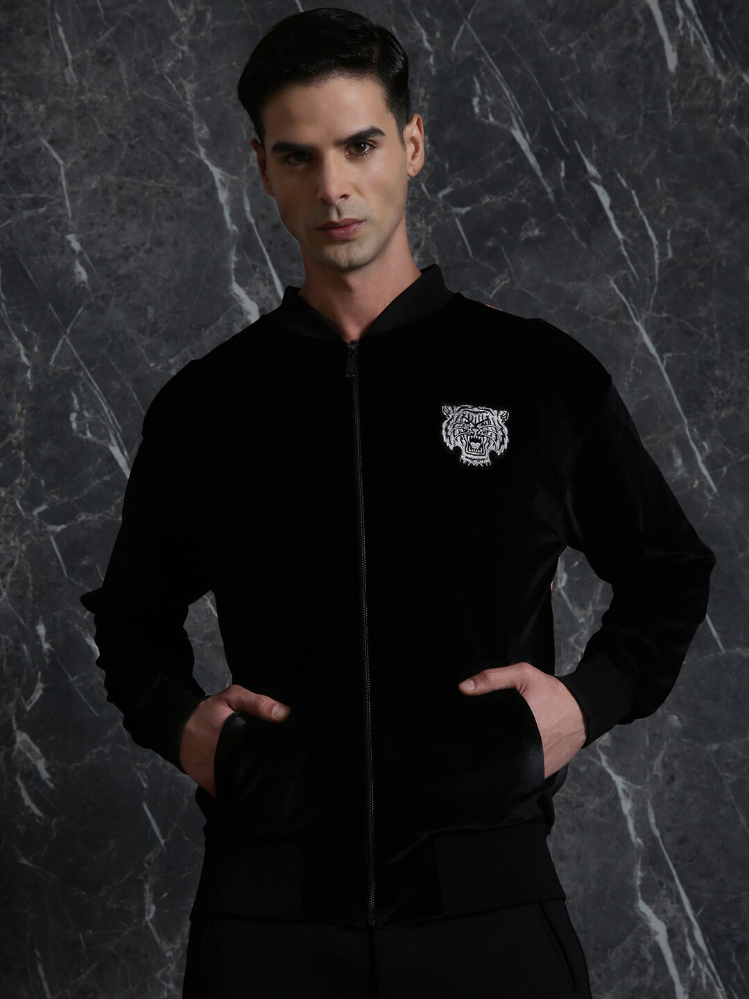 Breakbounce Black Graphic Printed Mock Collar Relaxed Fit Bomber Jacket