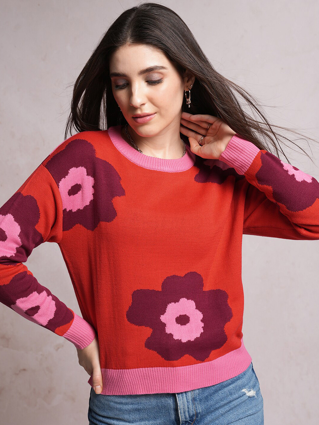 Tokyo Talkies Red & Pink Self Designed Acrylic Pullover