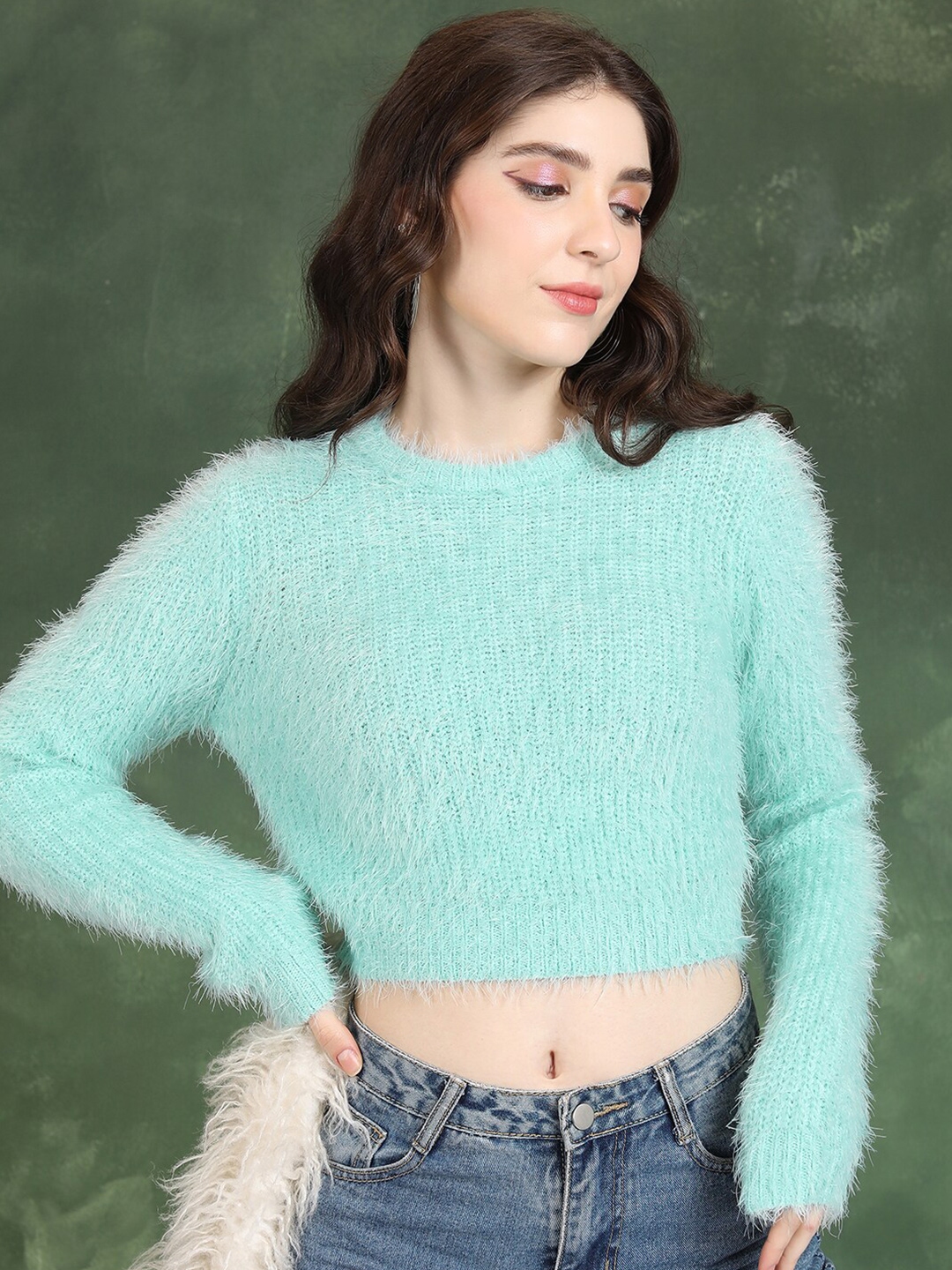 Buy Tokyo Talkies Green/Lavender V Neck Crop Sweater for Women
