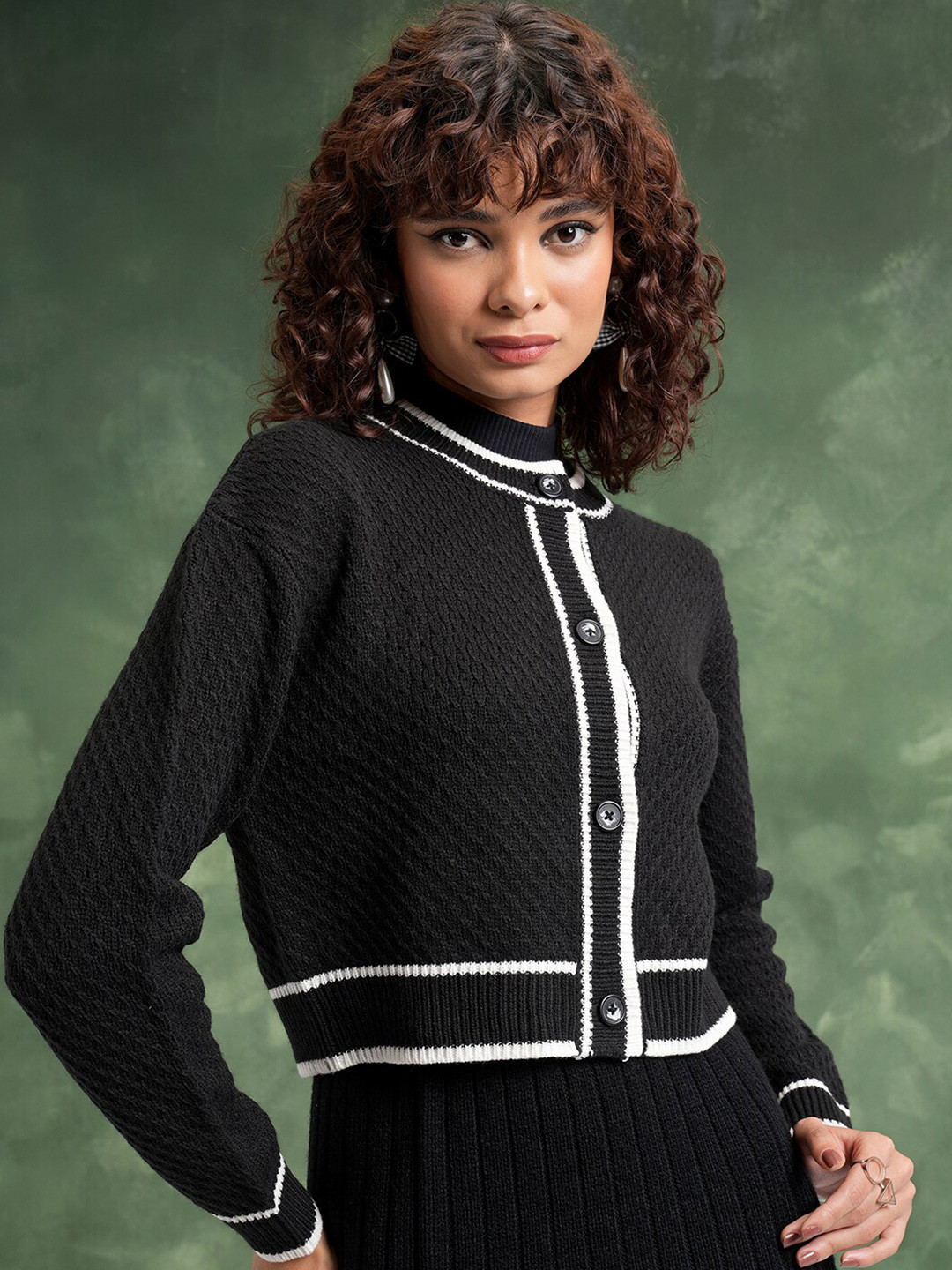 Tokyo Talkies Black Cable Knit Self Design Mock Collar Acrylic Crop Cardigan