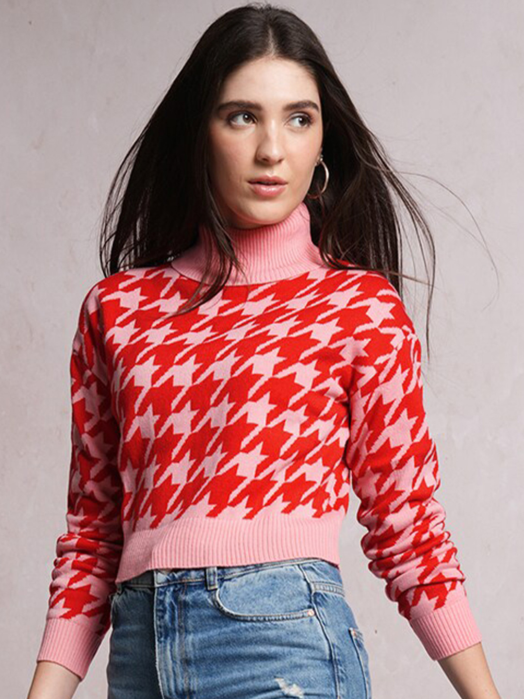 Tokyo Talkies Pink Houndstooth Printed Turtle Neck Acrylic Pullover