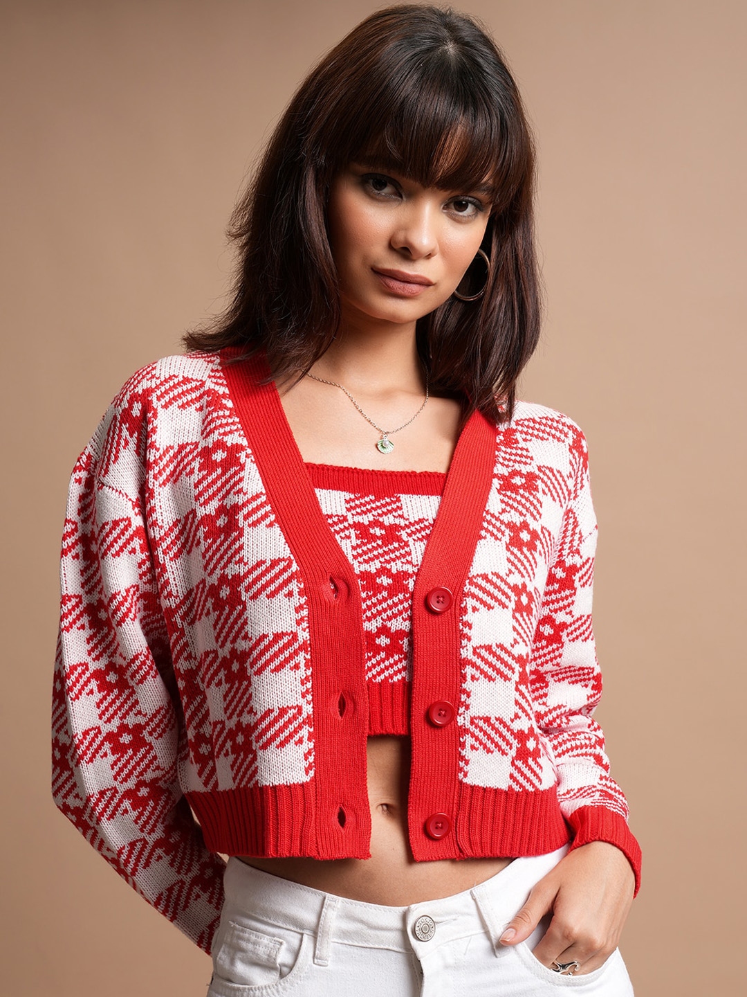 Tokyo Talkies Checked Crop Top With Cardigan - Sweaters for Women 26003316 | Myntra