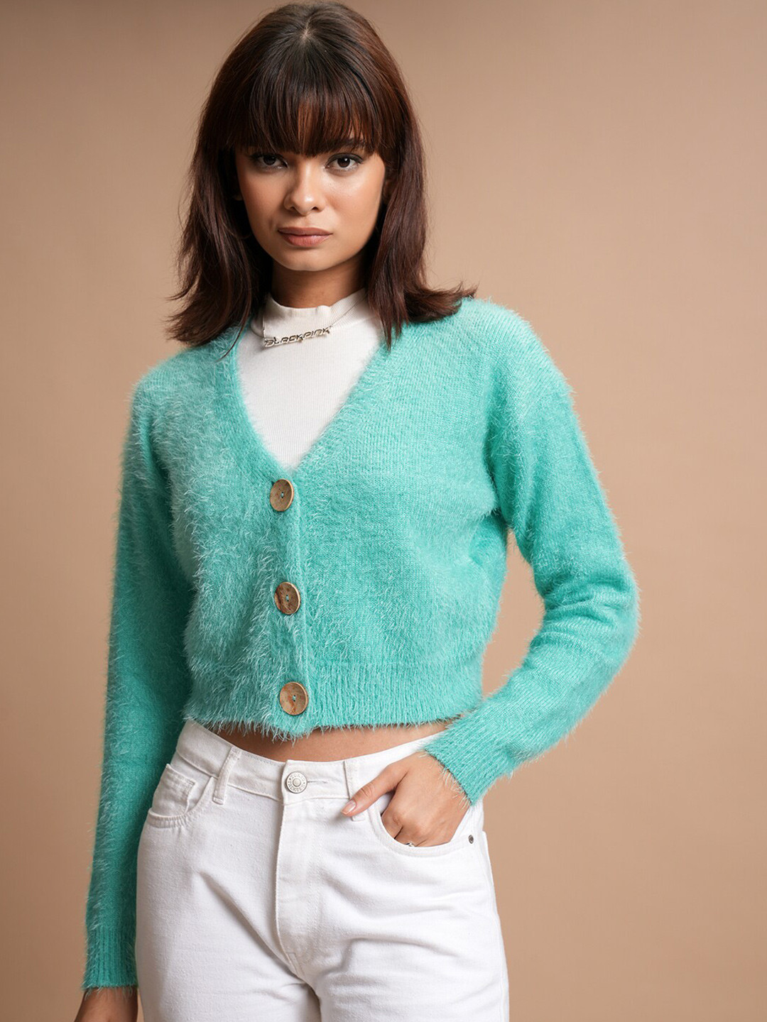 Tokyo Talkies Sea Green V-Neck Fuzzy Crop Cardigan