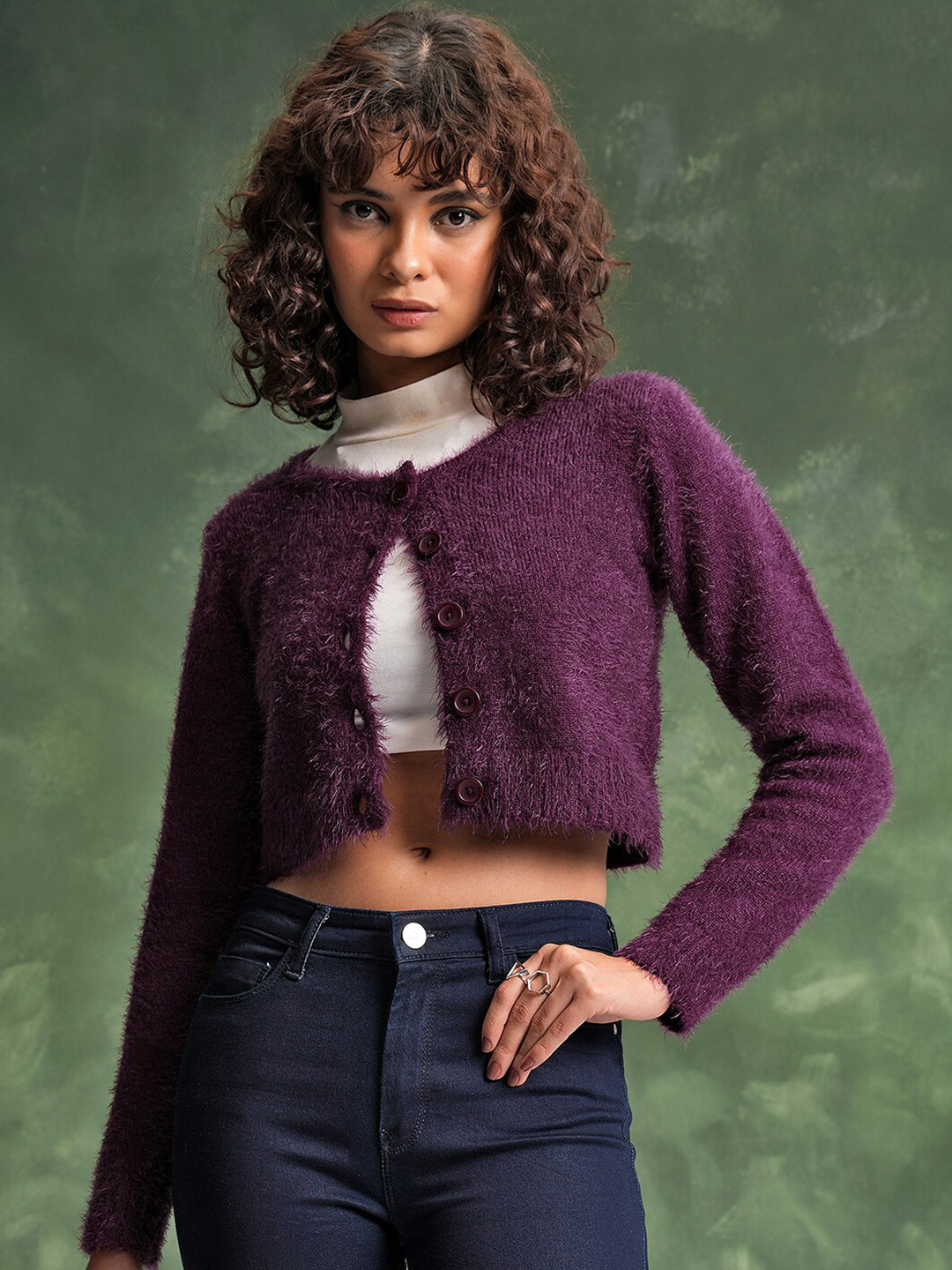 Tokyo Talkies Burgundy Self Designed Acrylic Crop Cardigan