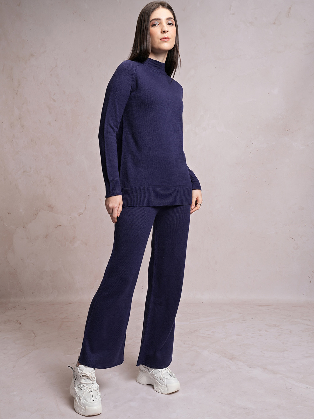 Tokyo Talkies Navy Blue High Neck Sweater With Flared Trouser Co-Ords