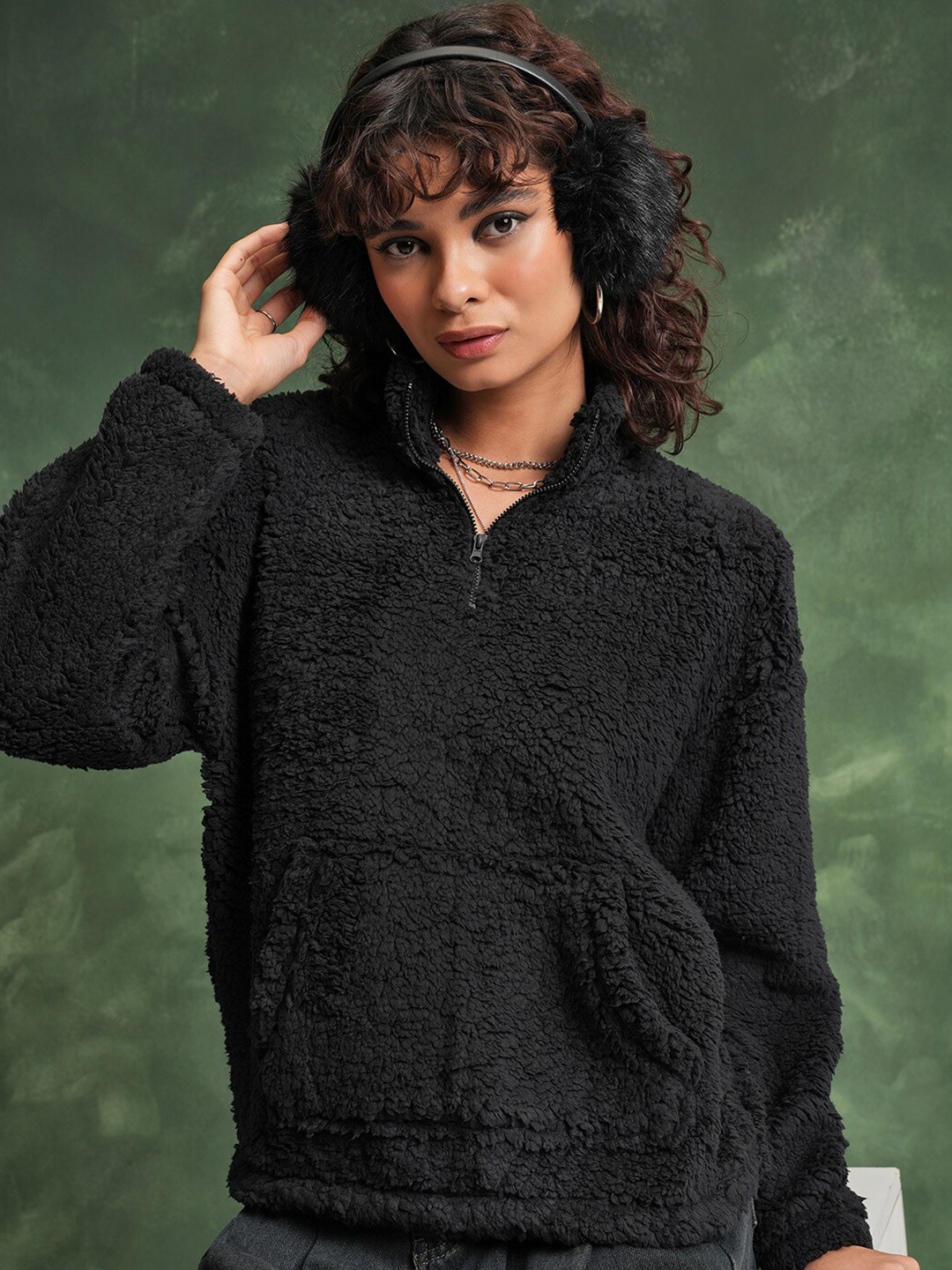 Tokyo Talkies Black Mock Collar Drop Shoulder Sleeves Oversized Pullover Sweatshirt