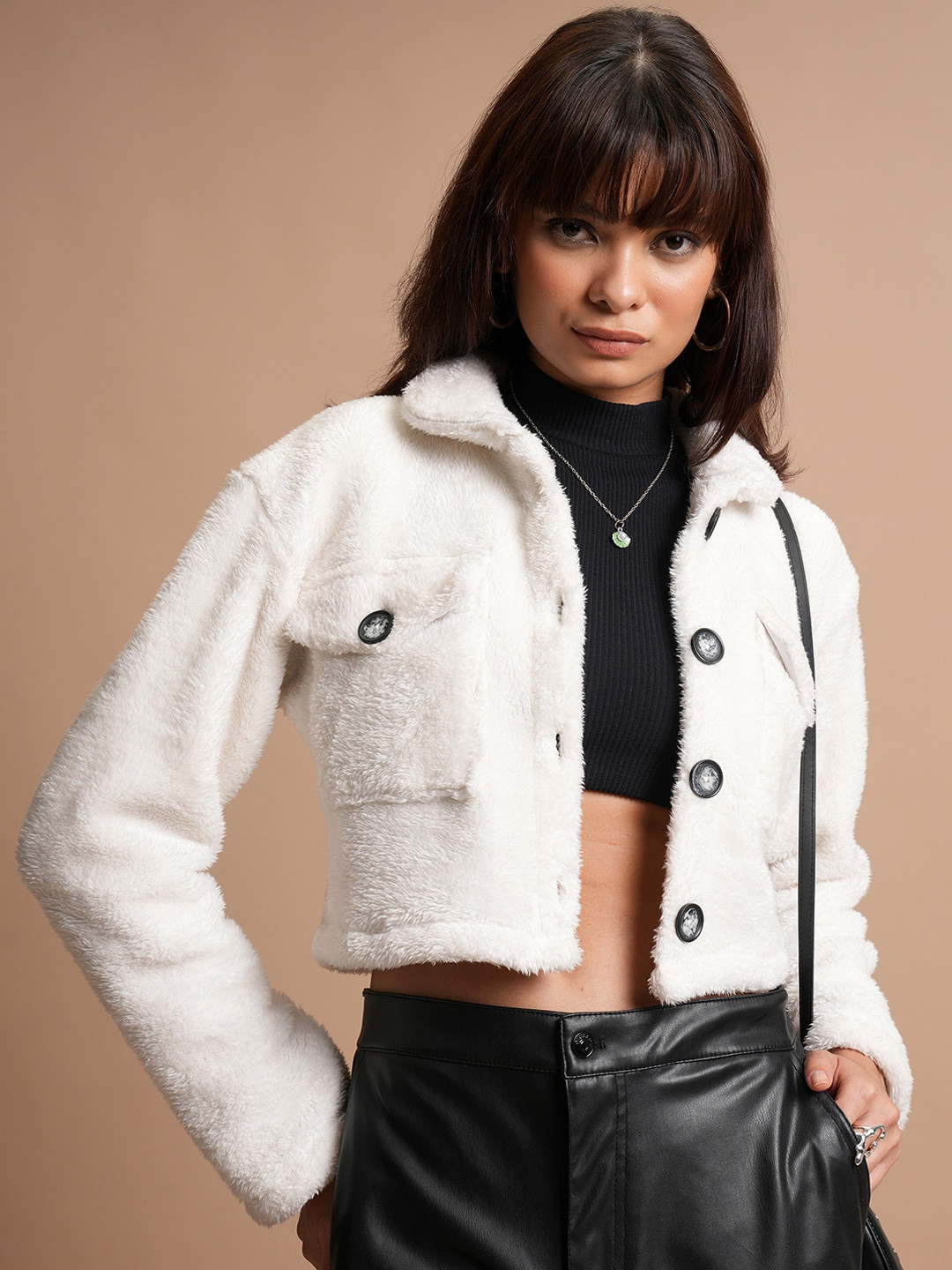 Tokyo Talkies White Faux Fur Trim Detail Cropped Tailored Jacket