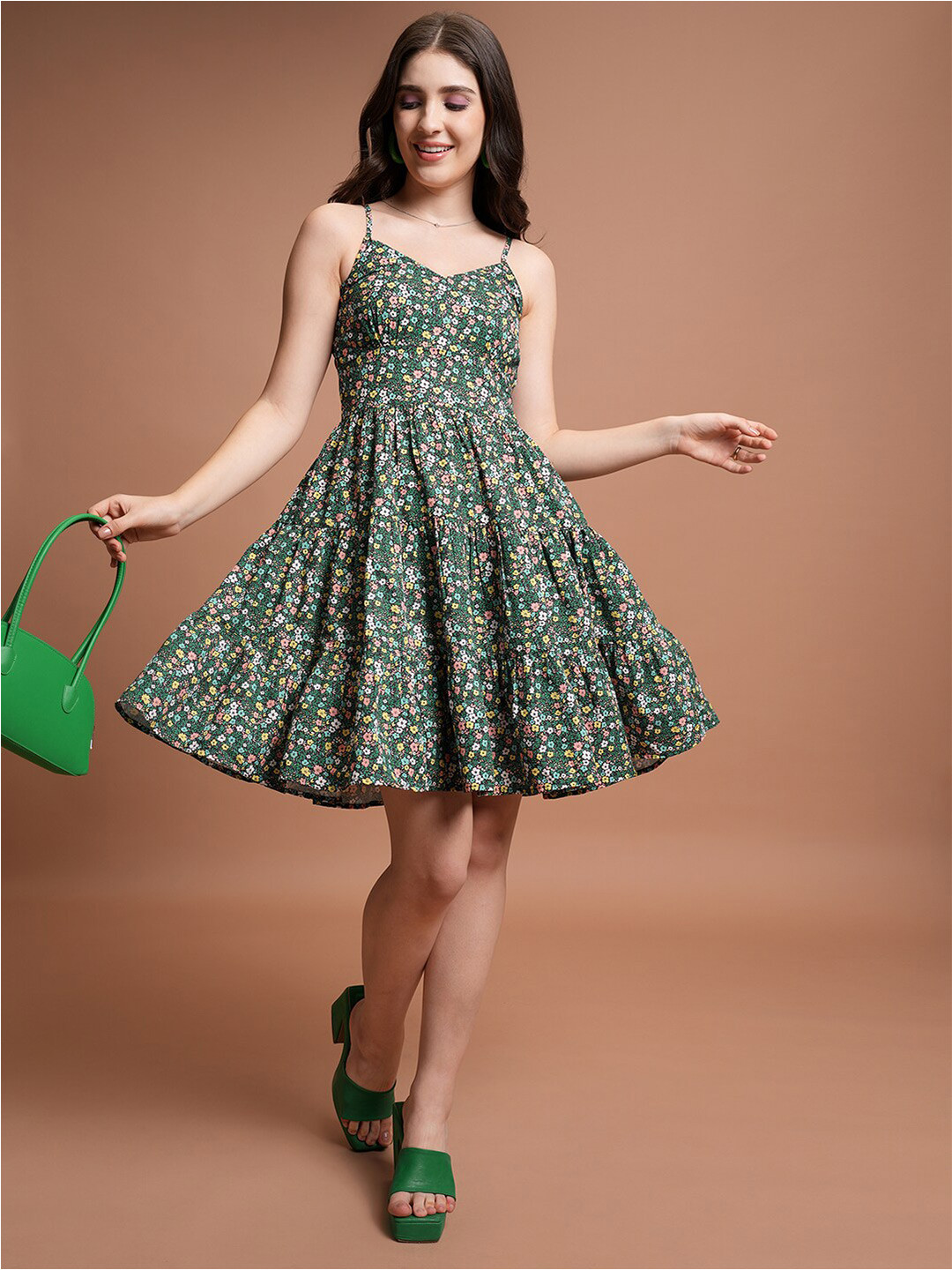 Tokyo Talkies Green & Yellow Floral Printed Shoulder Straps Tiered Fit & Flare Dress