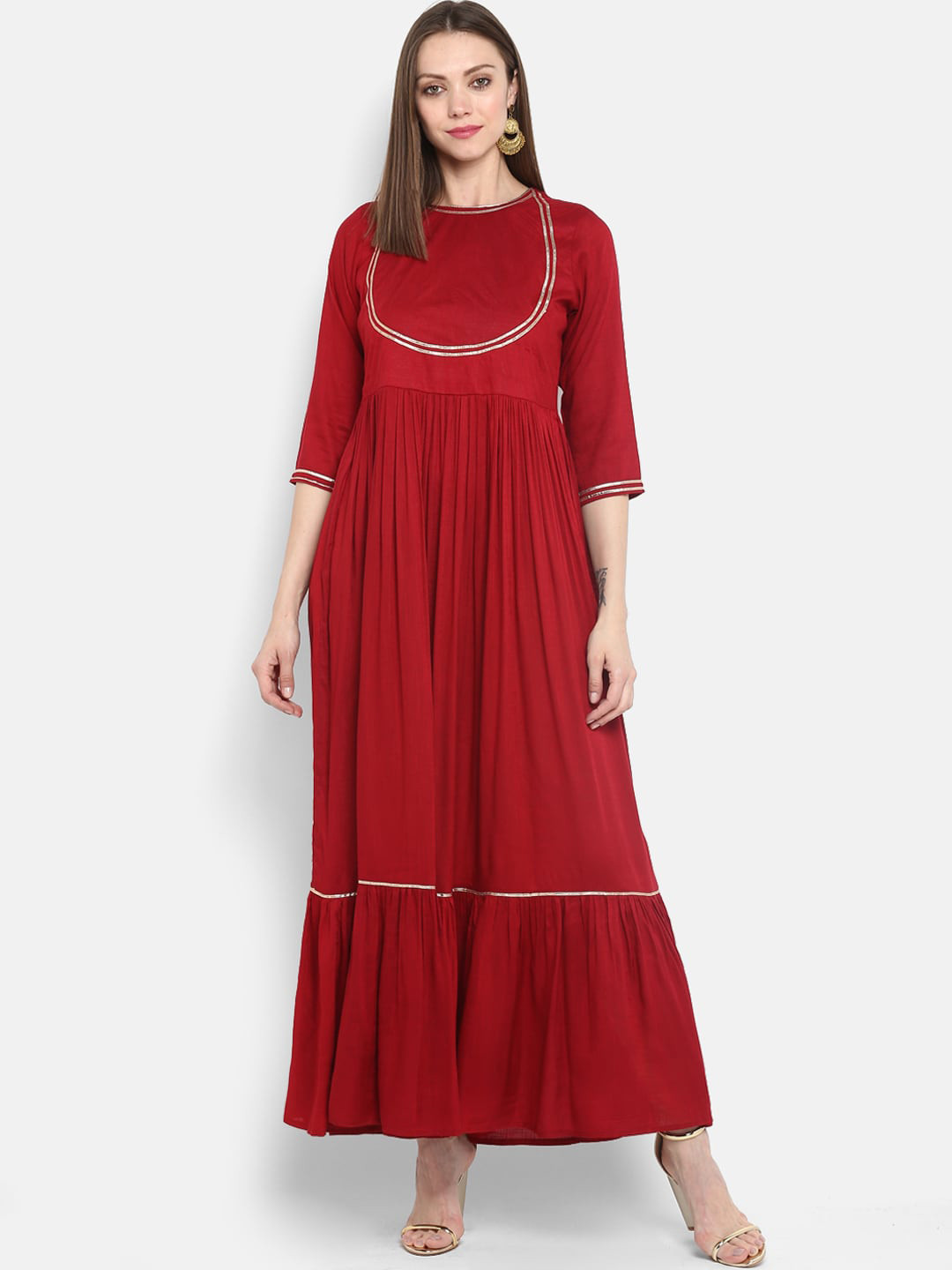 KALINI Gotta Patti Boat Neck Flounce Fit & Flare Cotton Maxi Ethnic Dress