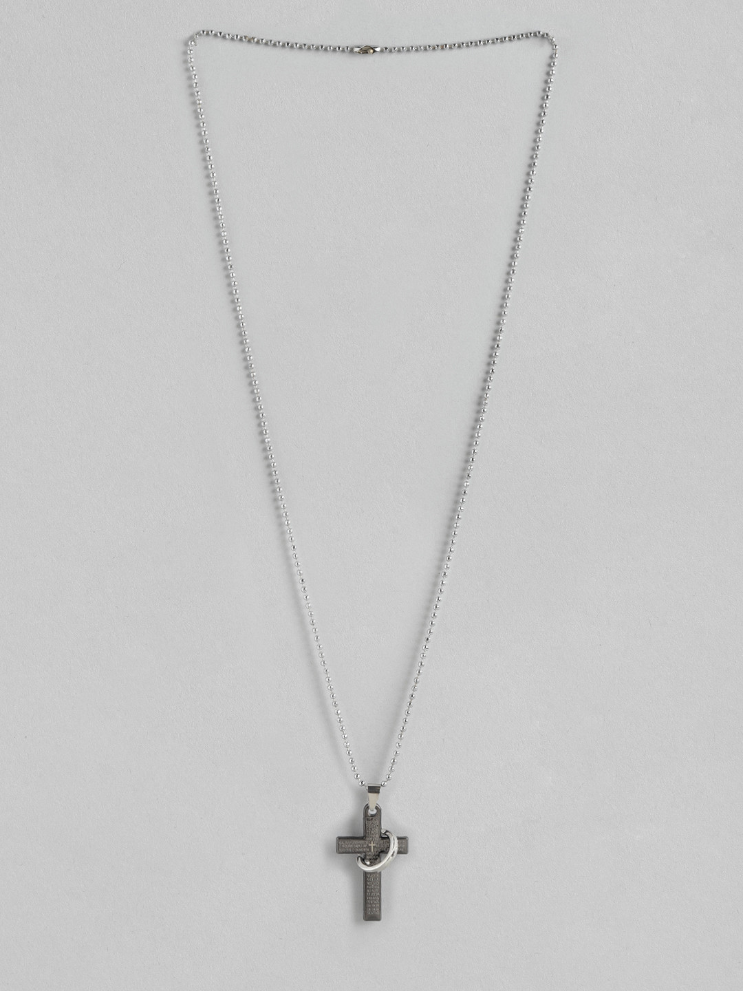 PARIS HAMILTON Men Rhodium-Plated Stainless Steel Cross with Ring Pendant & Chain
