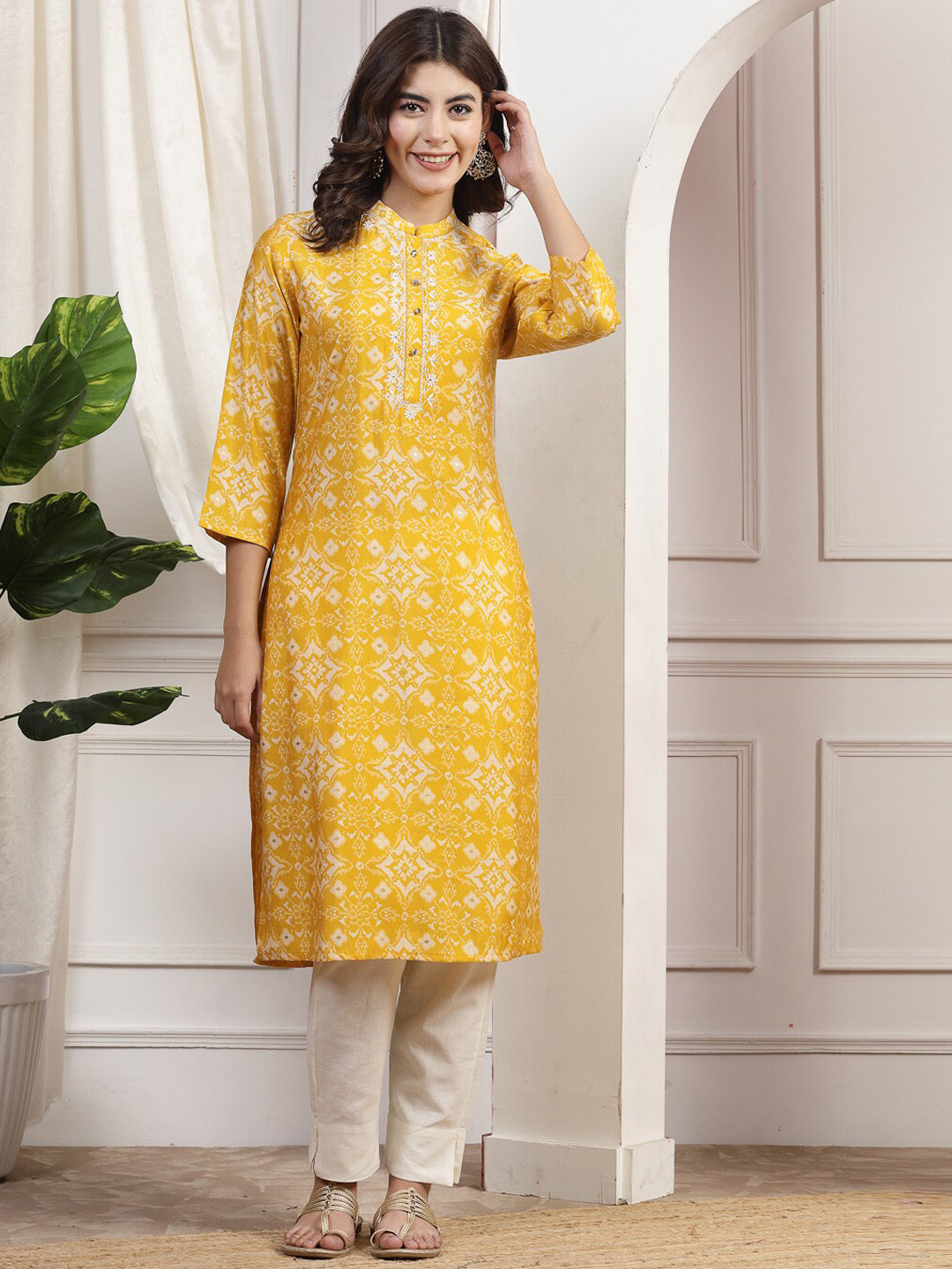 Nayam By Lakshita Yellow Ethnic Motifs Printed Mandarin Collar Thread Work Straight Kurta
