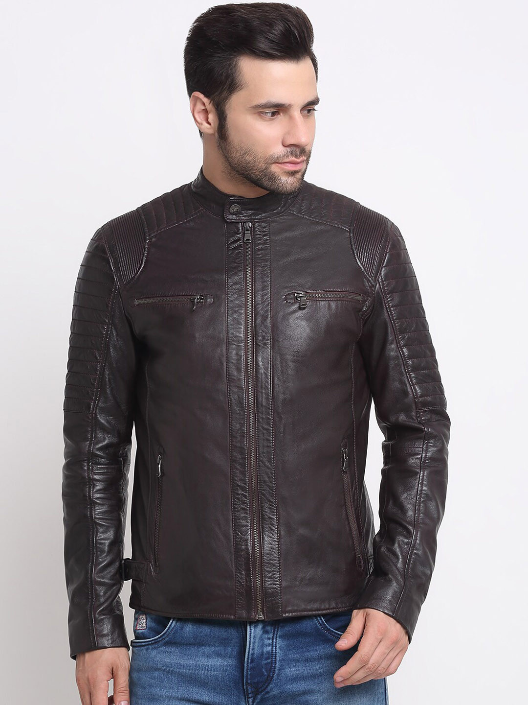 Teakwood Leathers Mandarin Collar Leather Jacket