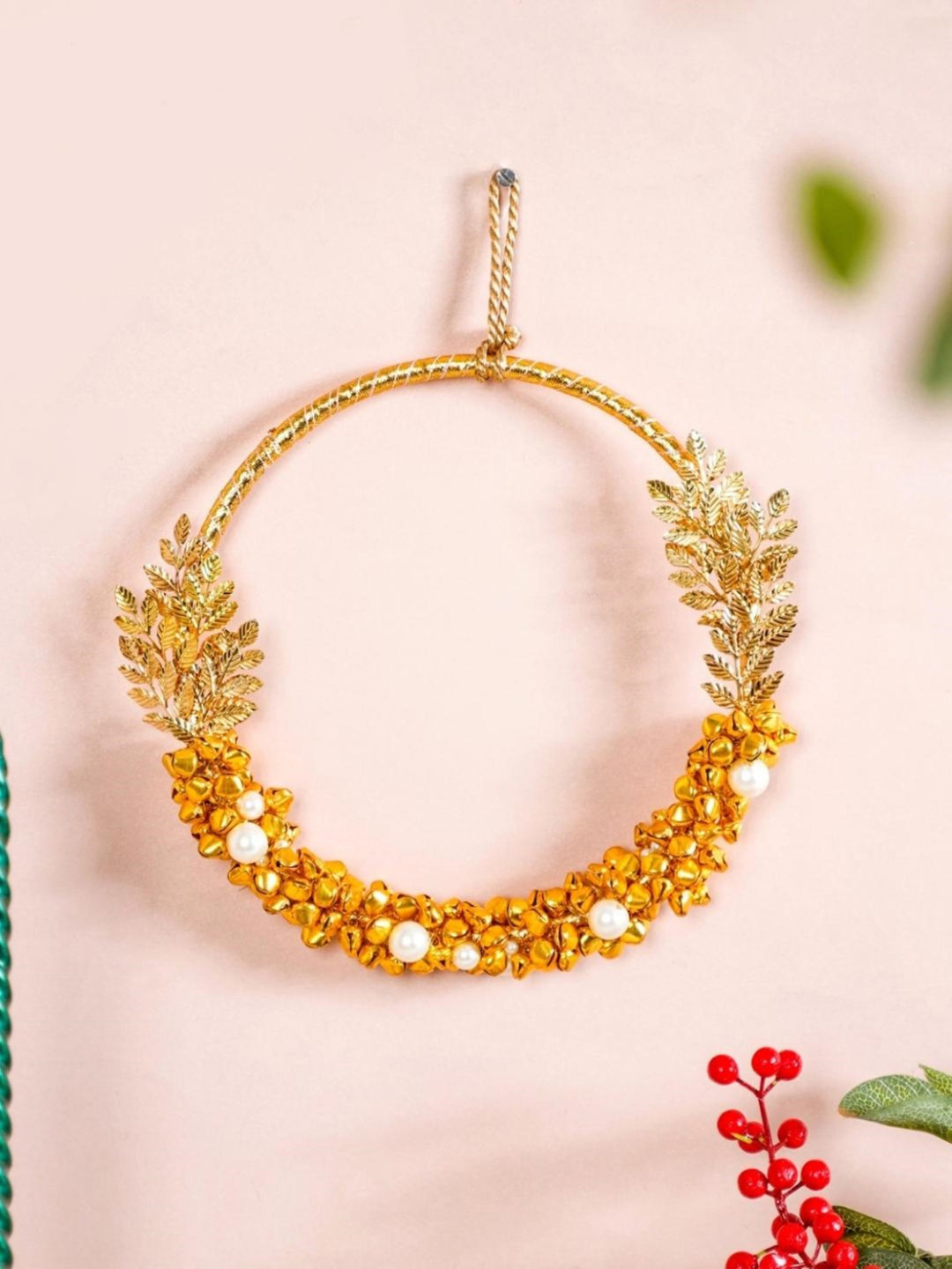 Nestasia Gold-toned Leaves & Beads Metal Christmas Wall Hanging