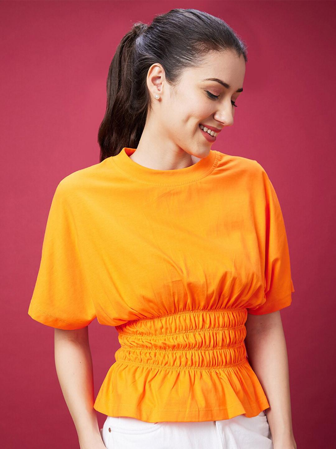 Globus Orange Flared Sleeves Smocked Cotton Cinched Waist Top