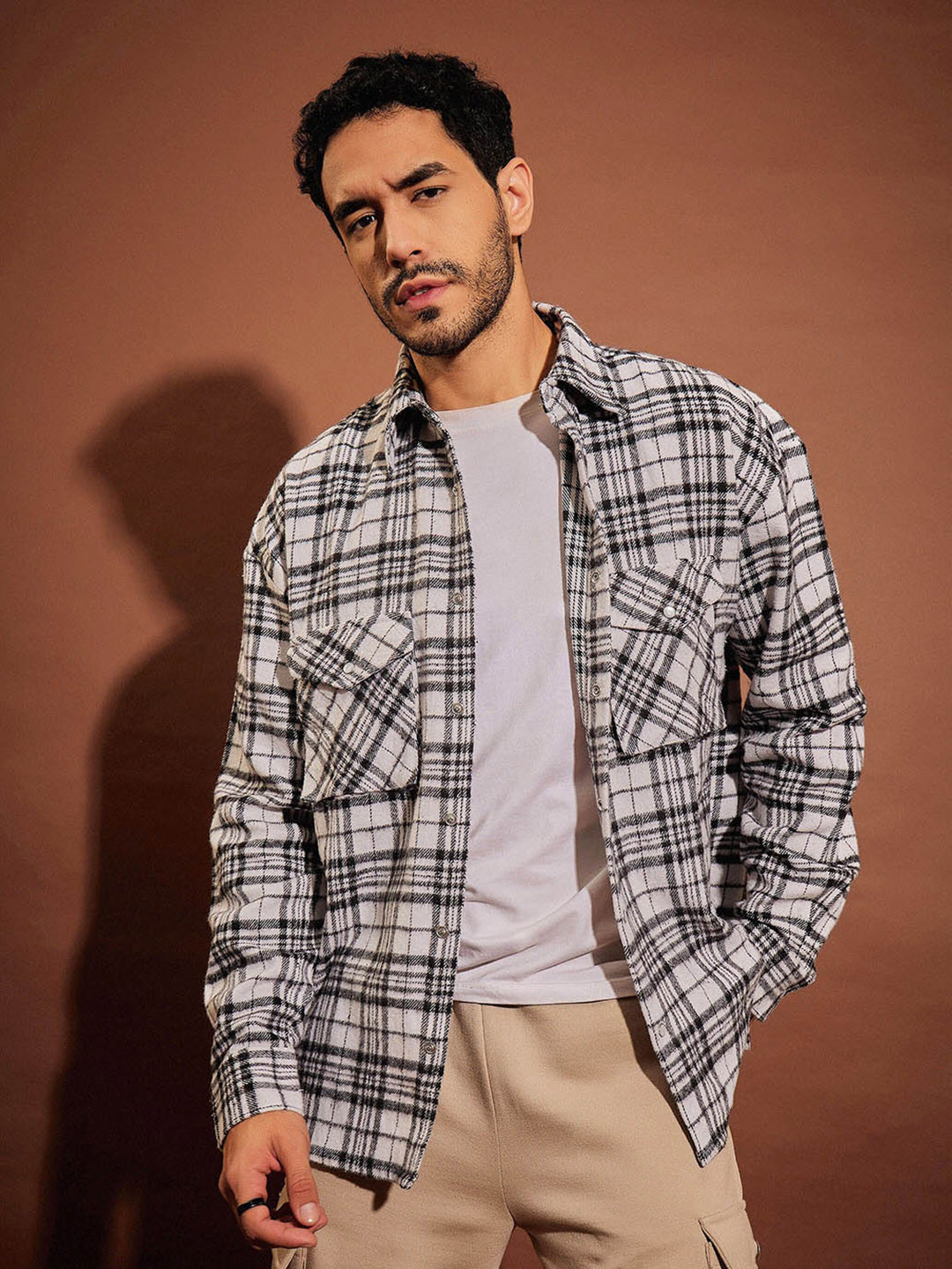 MASCLN SASSAFRAS White Relaxed Oversized Tartan Checked Pure Cotton Casual Shacket